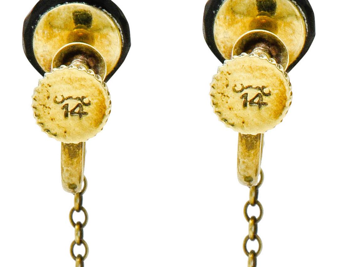 Women's or Men's Art Nouveau Onyx Rock Crystal Pearl 14 Karat Gold Drop Earrings
