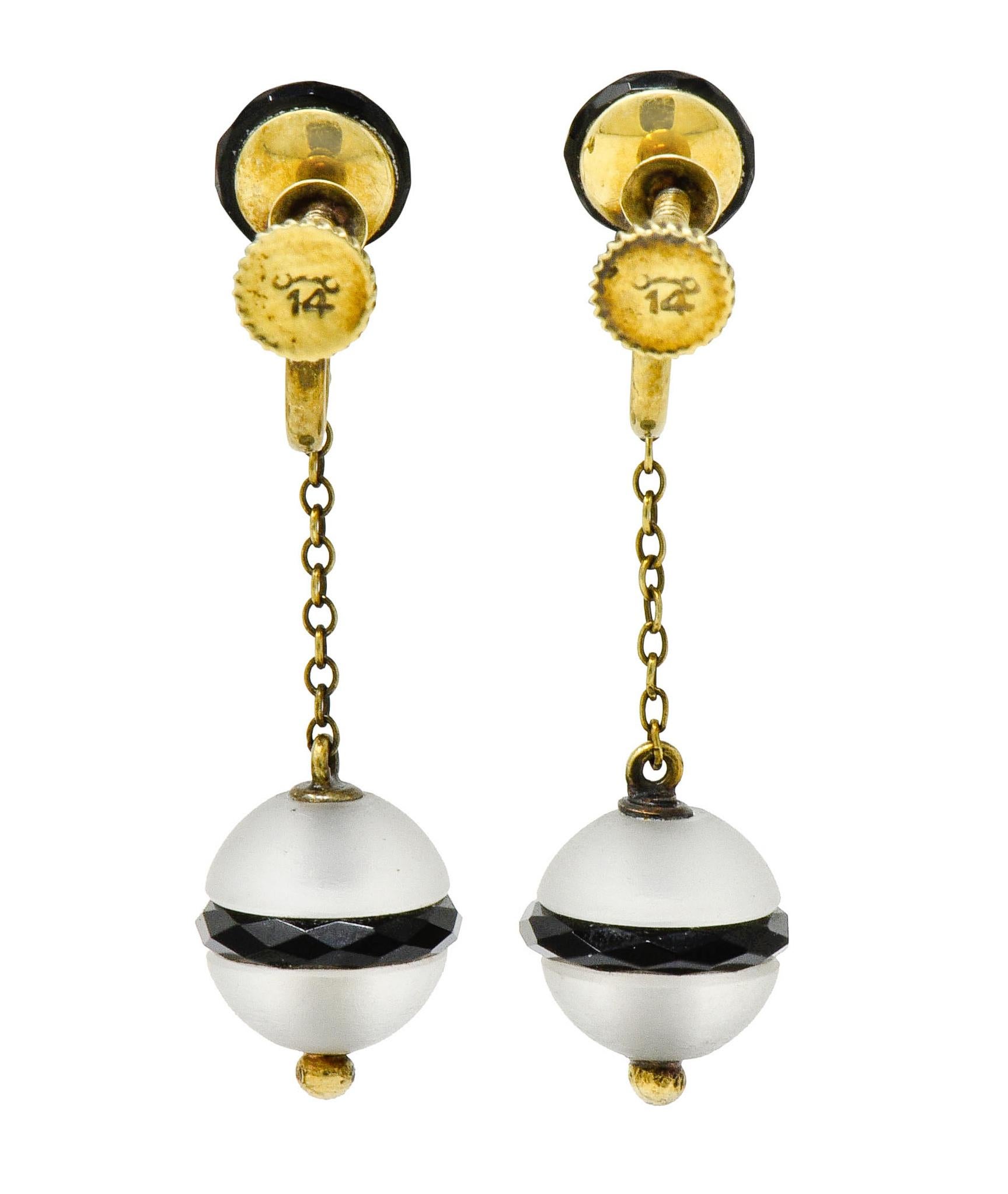 Art Nouveau Onyx Rock Crystal Pearl 14 Karat Gold Drop Earrings 1