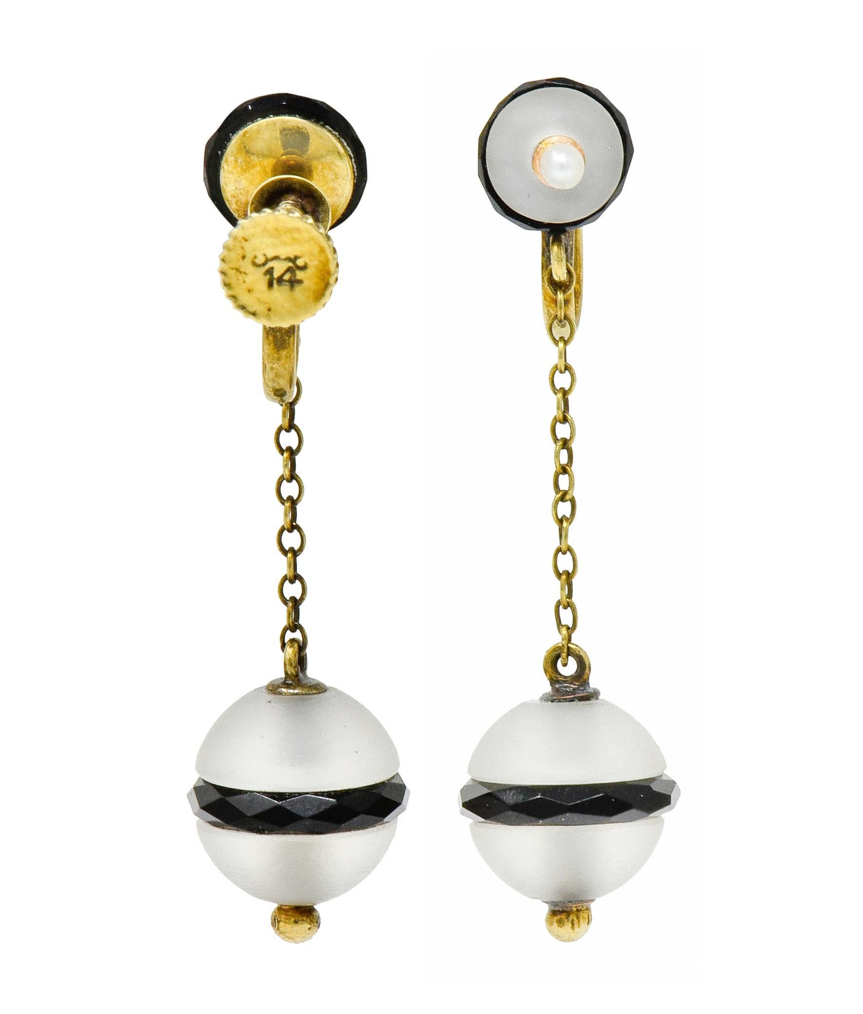 Art Nouveau Onyx Rock Crystal Pearl 14 Karat Gold Drop Earrings 3