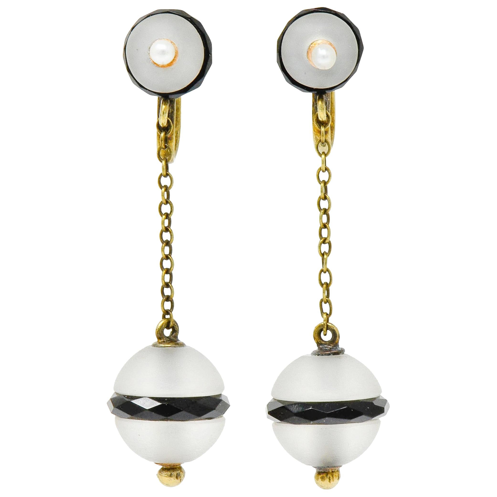 Art Nouveau Onyx Rock Crystal Pearl 14 Karat Gold Drop Earrings