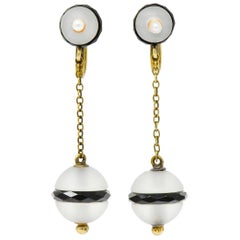 Antique Art Nouveau Onyx Rock Crystal Pearl 14 Karat Gold Drop Earrings