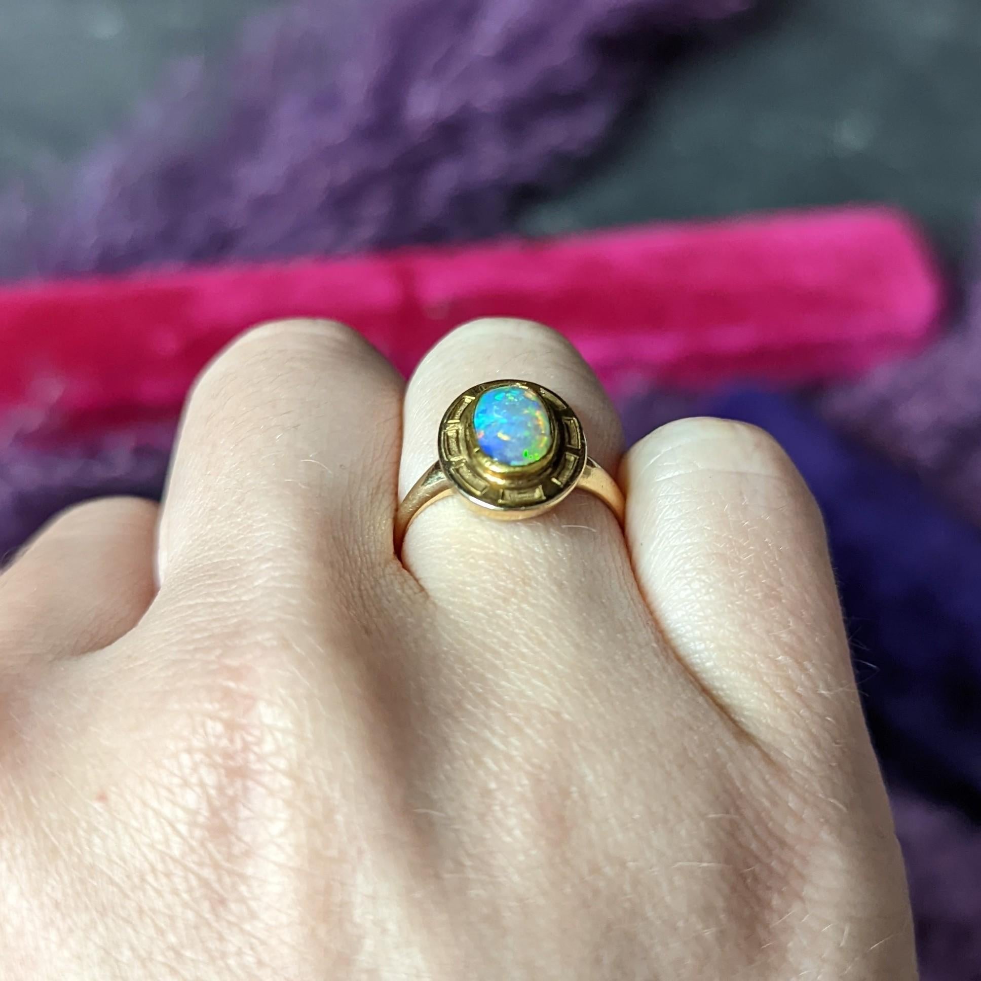 Art Nouveau Opal 14 Karat Yellow Gold Geometric Gemstone Ring 7