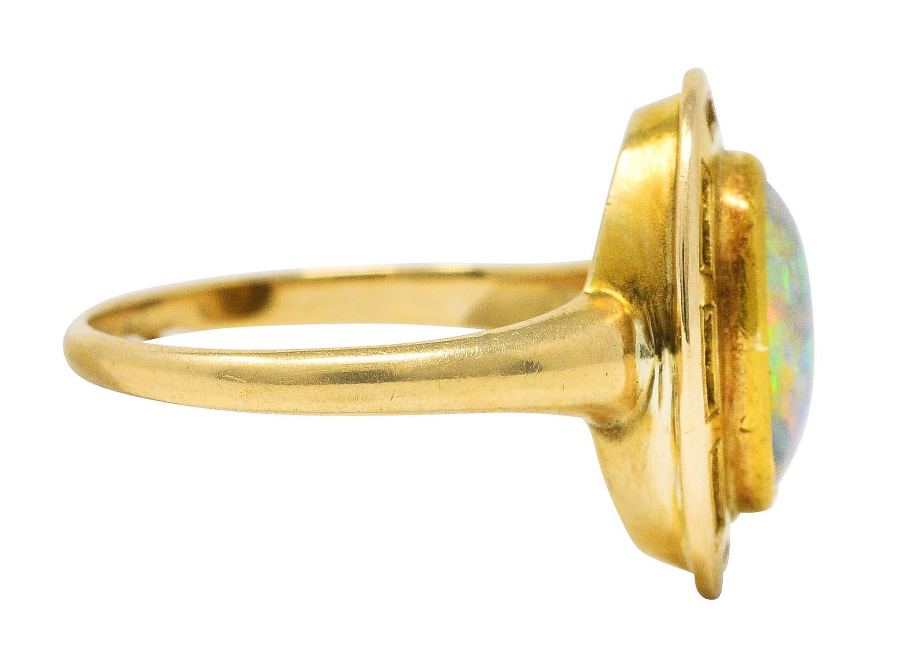 Oval Cut Art Nouveau Opal 14 Karat Yellow Gold Geometric Gemstone Ring