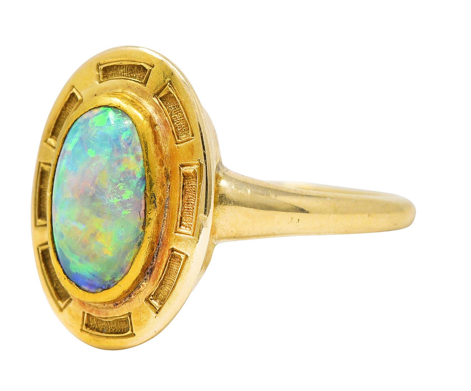 Art Nouveau Opal 14 Karat Yellow Gold Geometric Gemstone Ring 1