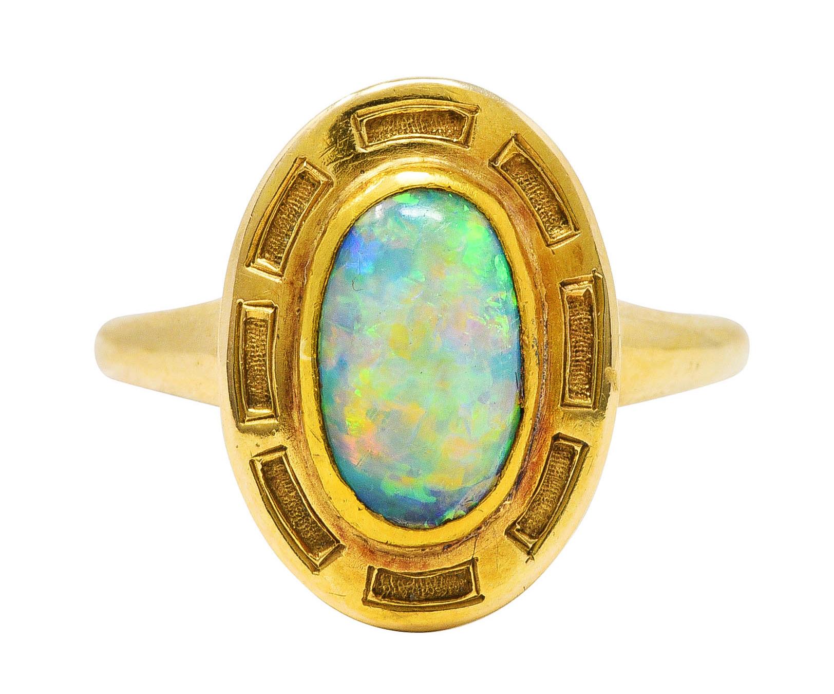 Art Nouveau Opal 14 Karat Yellow Gold Geometric Gemstone Ring 2