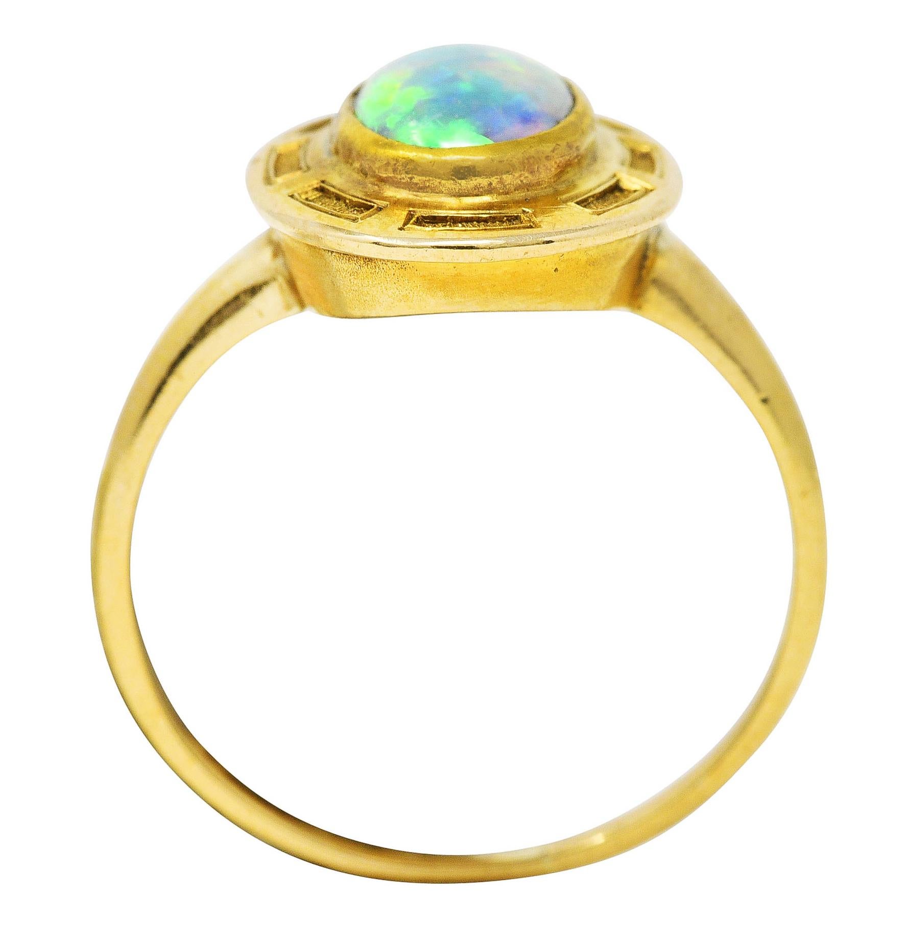 Art Nouveau Opal 14 Karat Yellow Gold Geometric Gemstone Ring 3