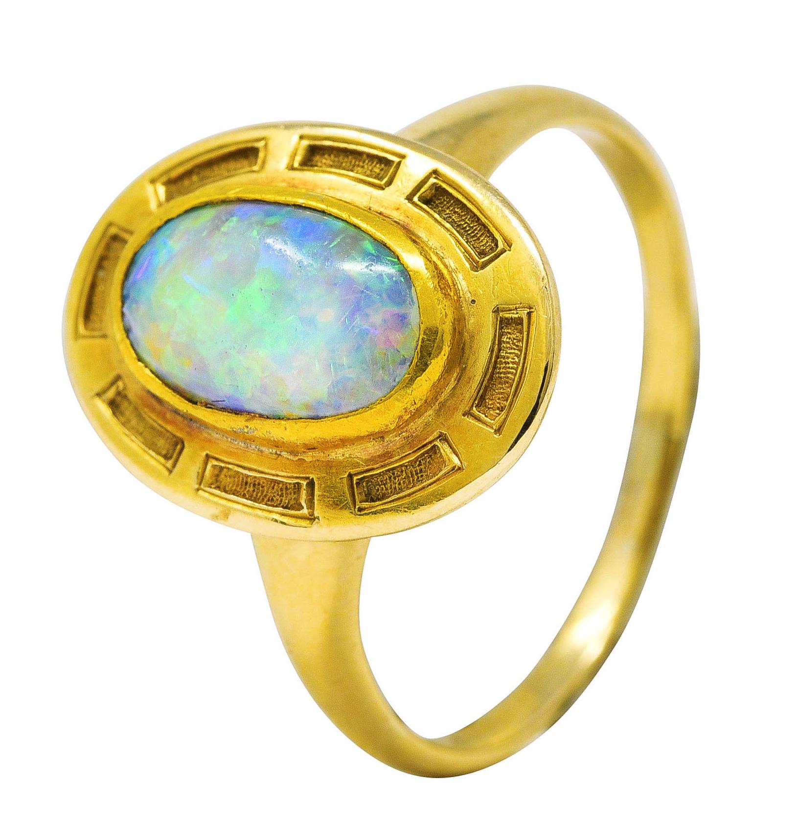 Art Nouveau Opal 14 Karat Yellow Gold Geometric Gemstone Ring 4