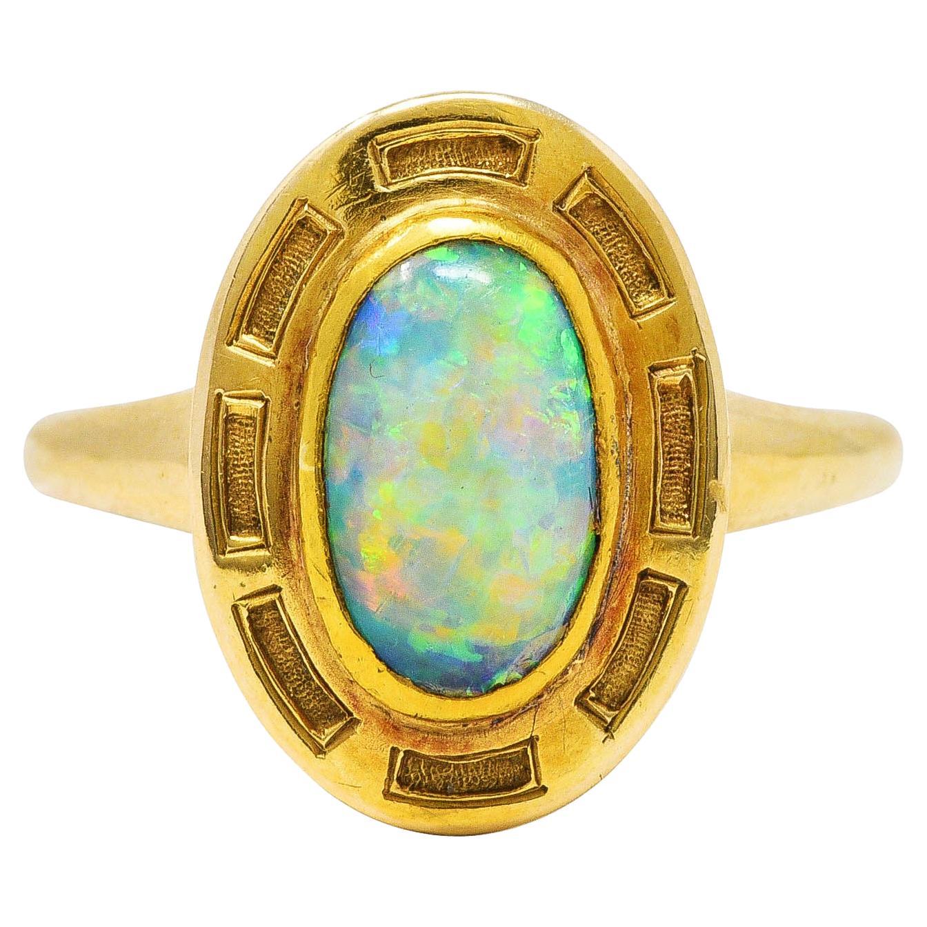 Art Nouveau Opal 14 Karat Yellow Gold Geometric Gemstone Ring