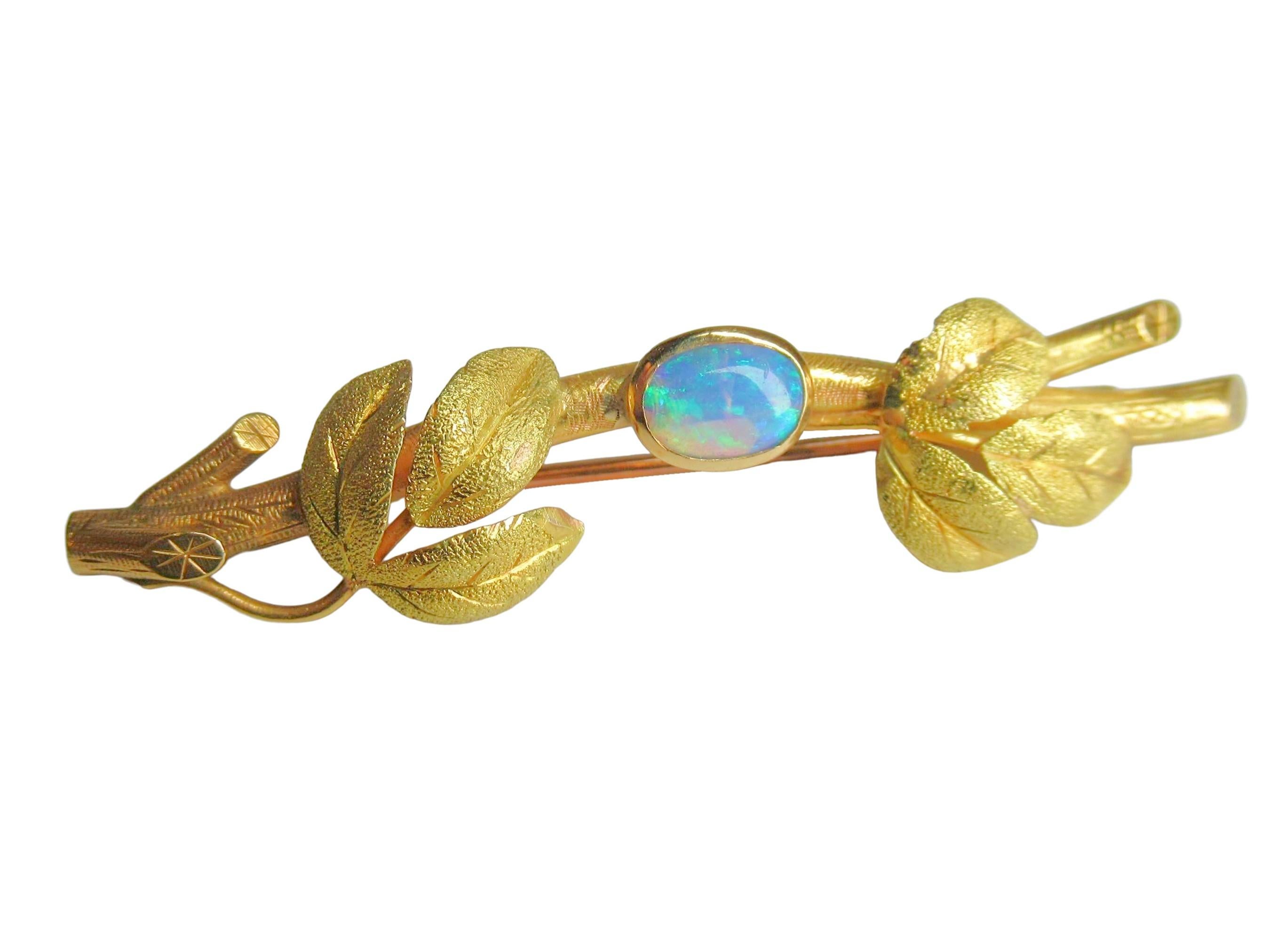 Cabochon Art Nouveau Opal 18k Gold Leaves and Branch Finely Detailed Edwardian Pin Brooch For Sale