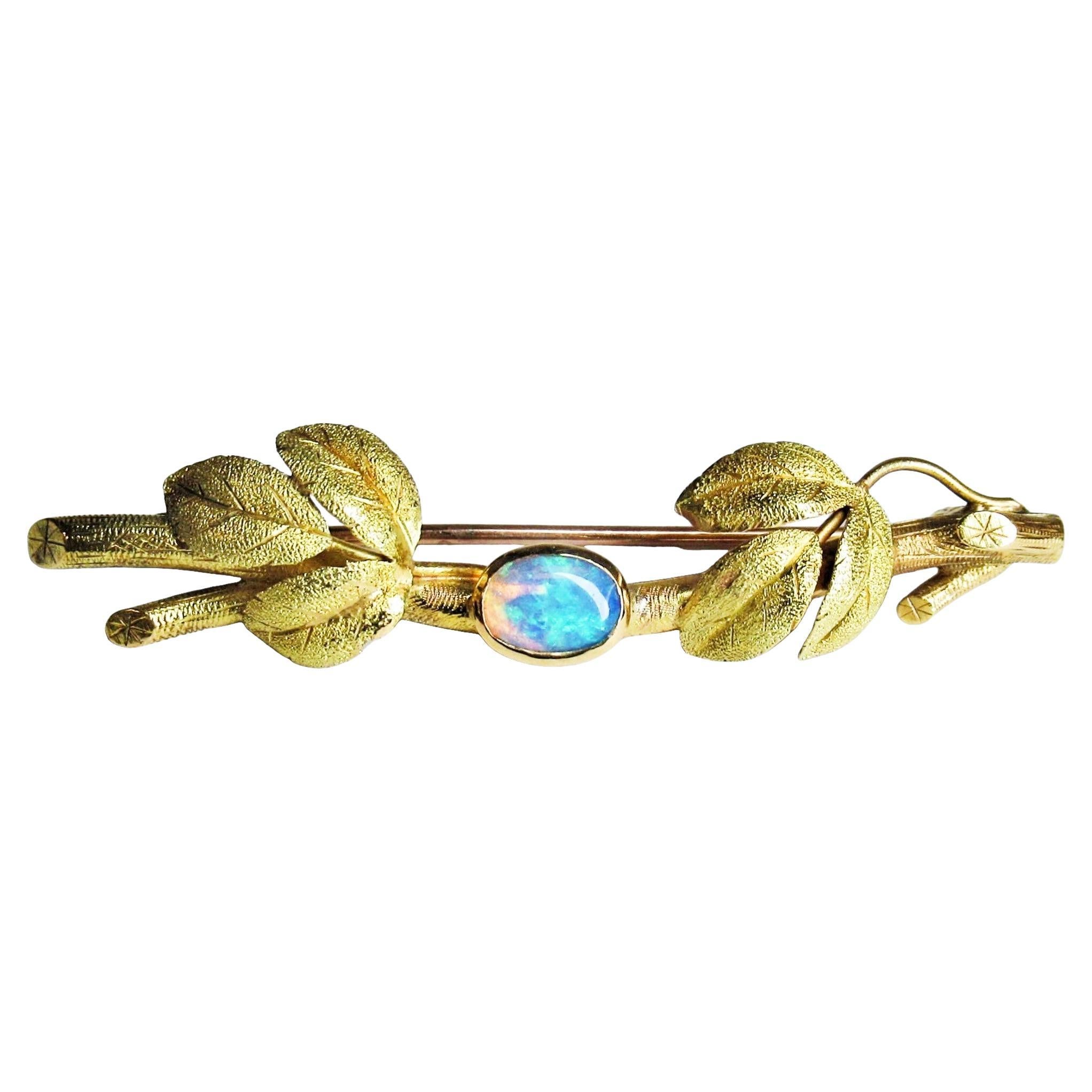 Art Nouveau Opal 18k Gold Leaves and Branch Finely Detailed Edwardian Pin Brooch