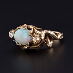 Art Nouveau Opal and Diamond Figural Ring of 14k Gold