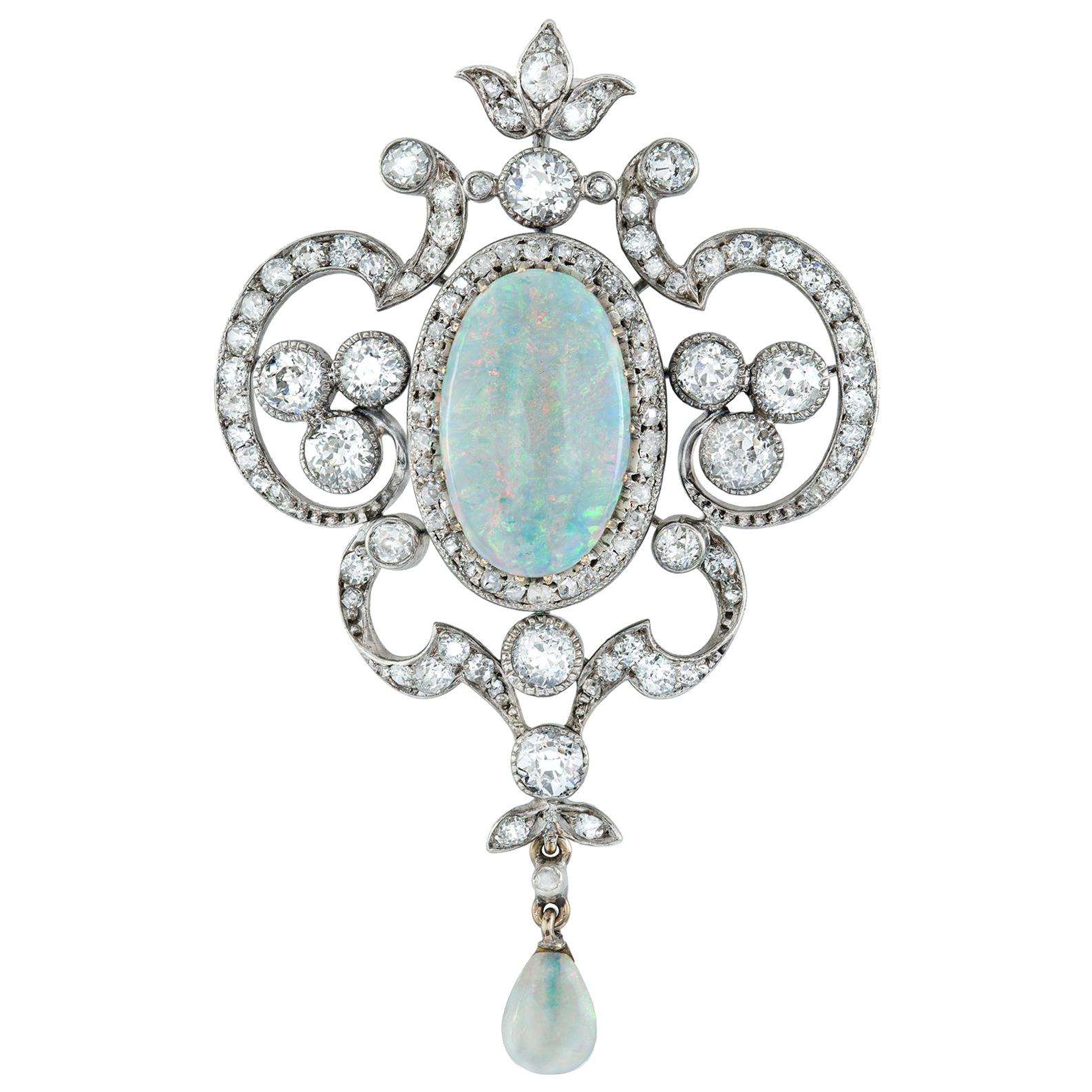 Art Nouveau Opal and Diamond Pendant For Sale