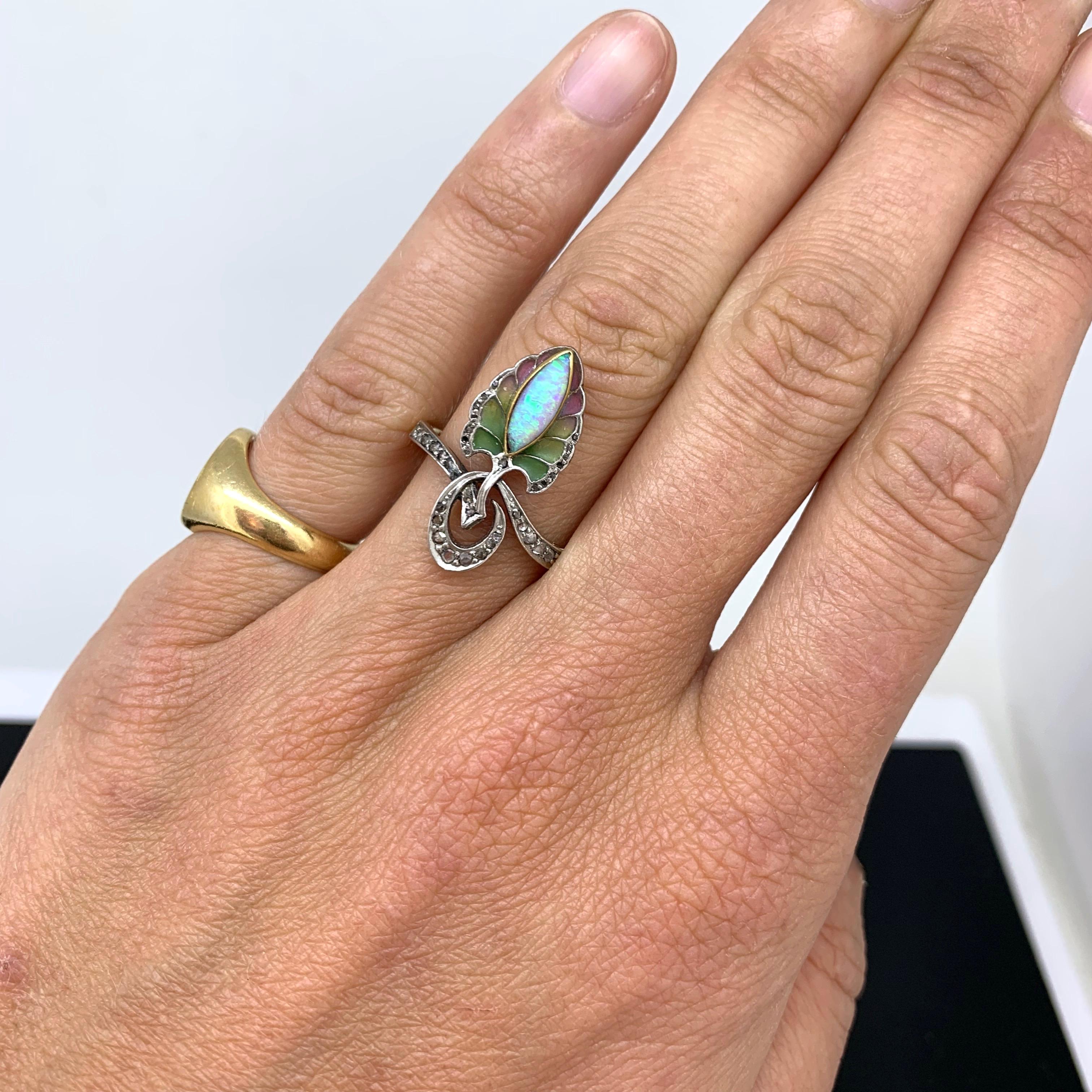 Art Nouveau Opal and Diamonds Plique a Jour Yellow Gold Platinum Enamel Ring 6