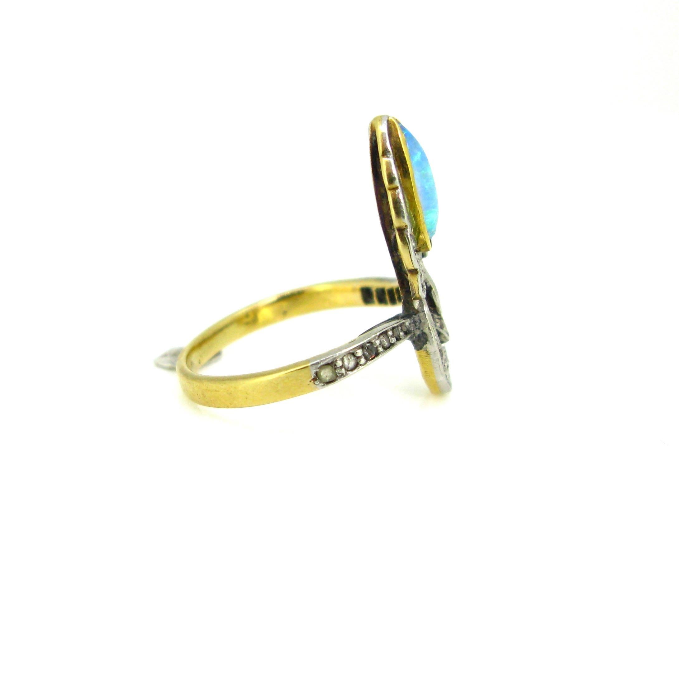 Art Nouveau Opal and Diamonds Plique a Jour Yellow Gold Platinum Enamel Ring 1