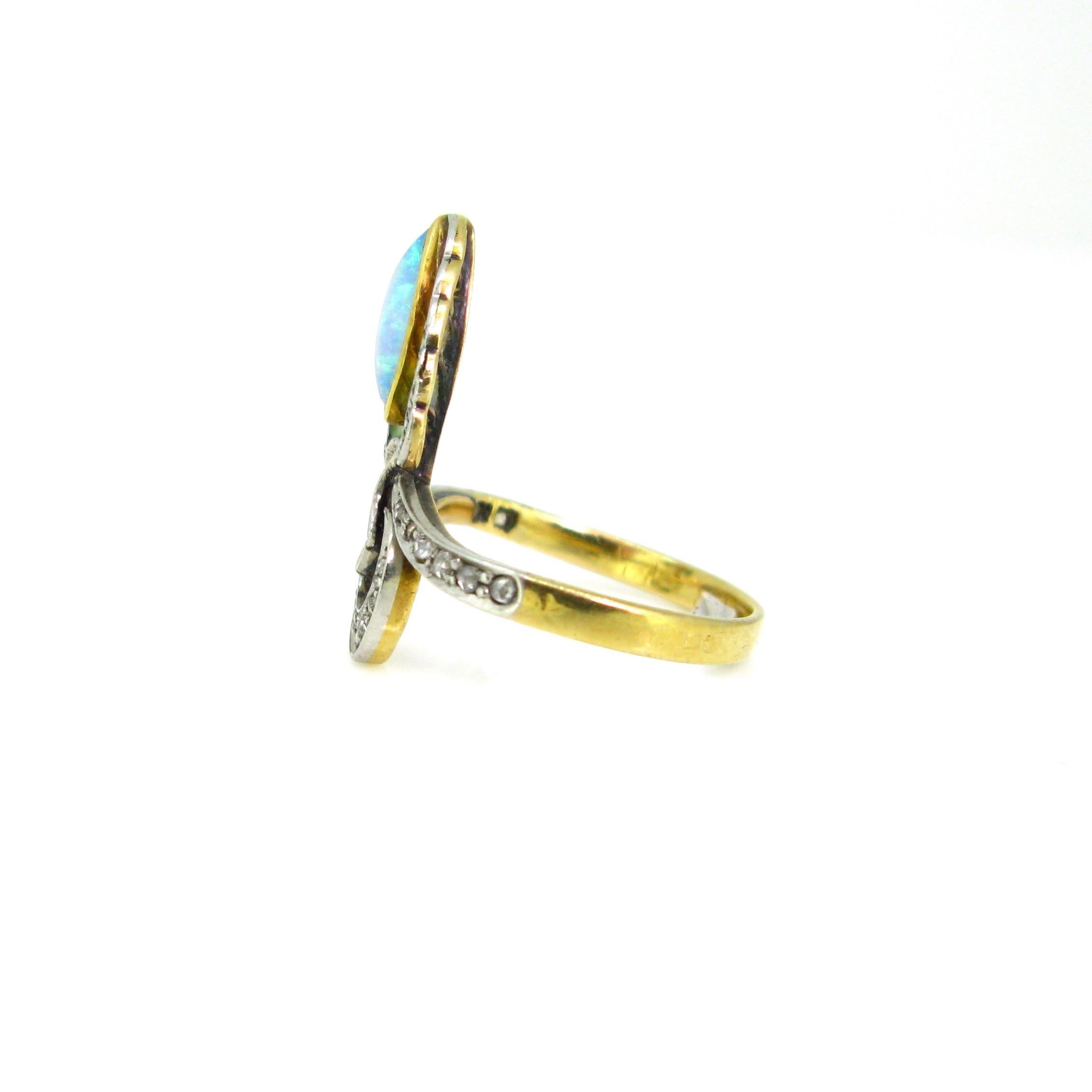 Art Nouveau Opal and Diamonds Plique a Jour Yellow Gold Platinum Enamel Ring 3