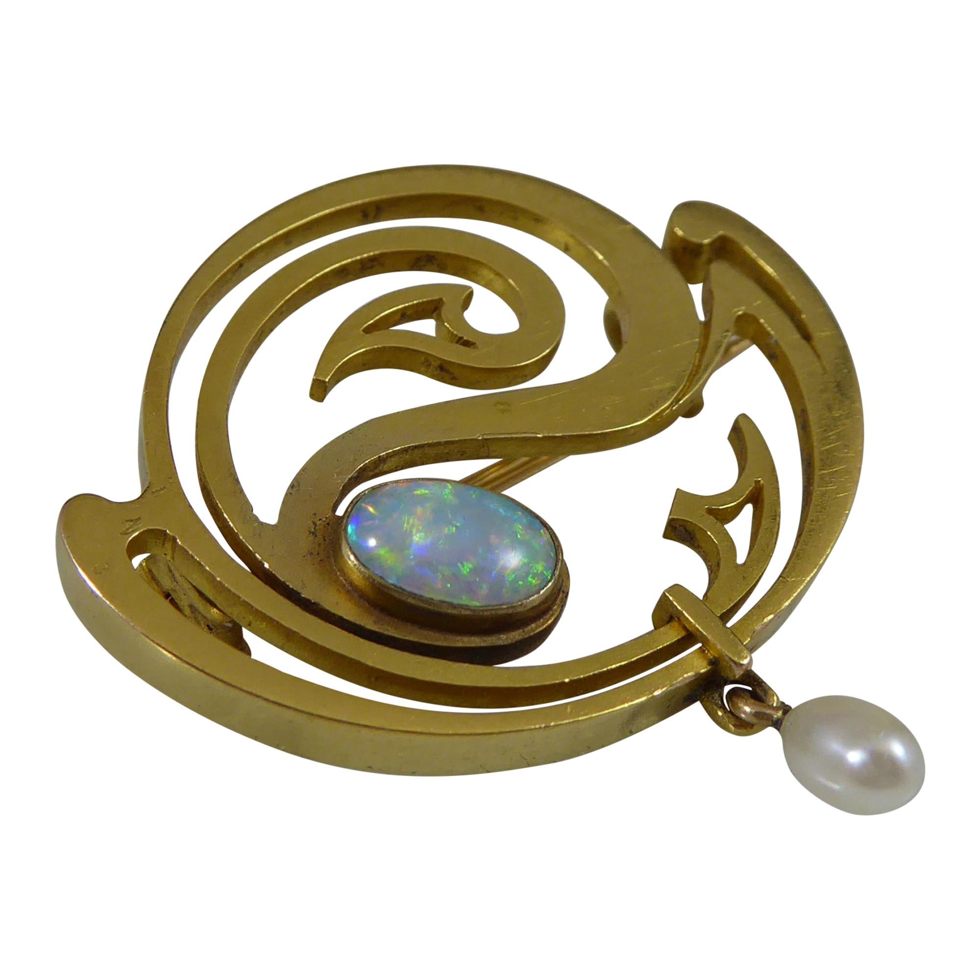 Art Nouveau Opal and Pearl Brooch in High Karat Yellow Gold