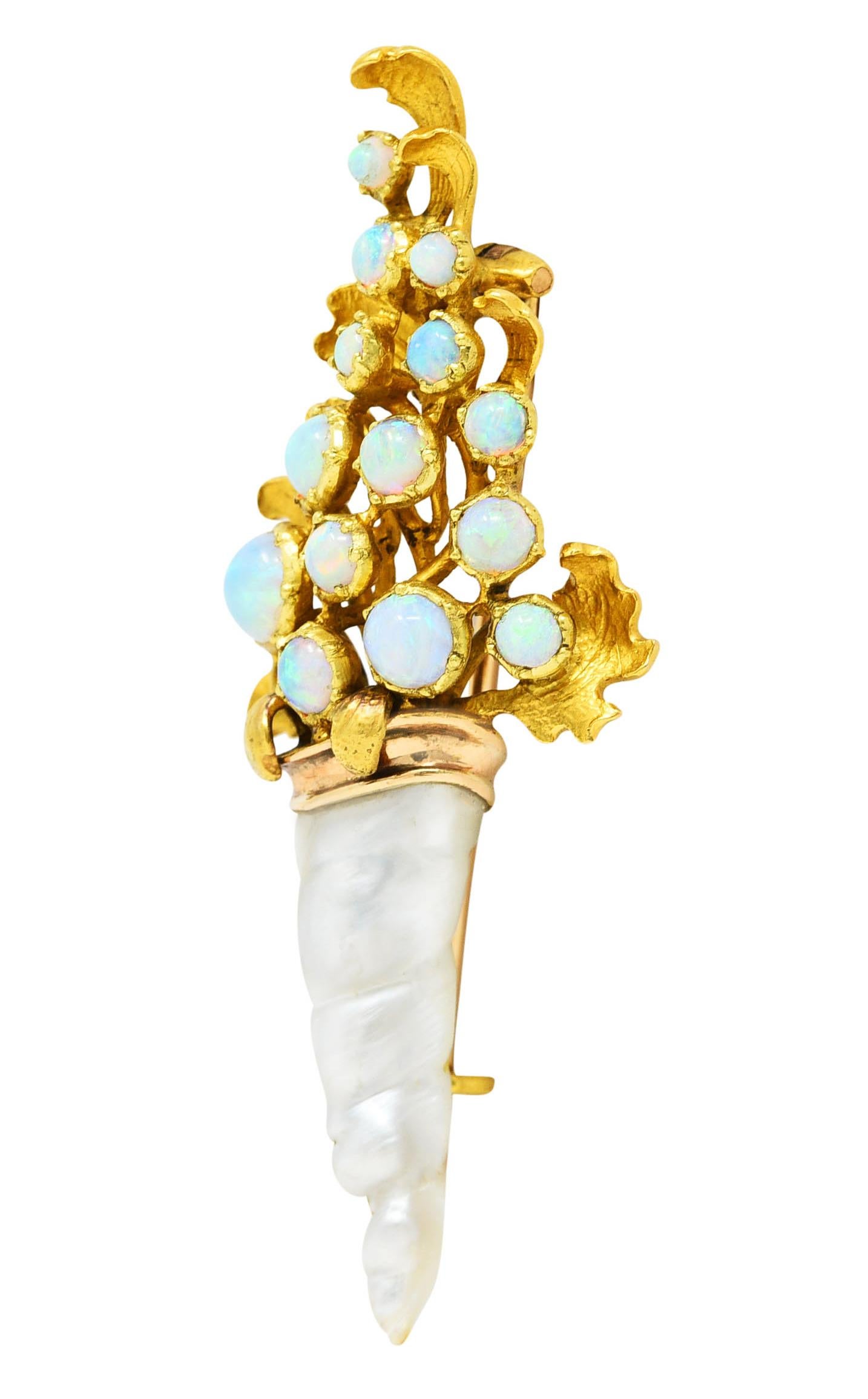Cabochon Art Nouveau Opal Baroque Pearl 18 Karat Gold Bouquet Antique Brooch