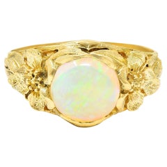 Art Nouveau Opal Cabochon 18 Karat Yellow Gold Forget-me-not Antique Ring