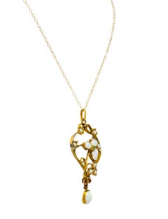 Art Nouveau Opal Demantoid Garnet Seed Pearl 14 Karat Gold Pendant Necklace