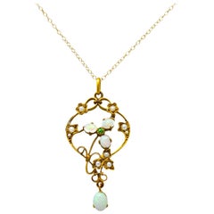 Art Nouveau Opal Demantoid Garnet Seed Pearl 14 Karat Gold Pendant Necklace