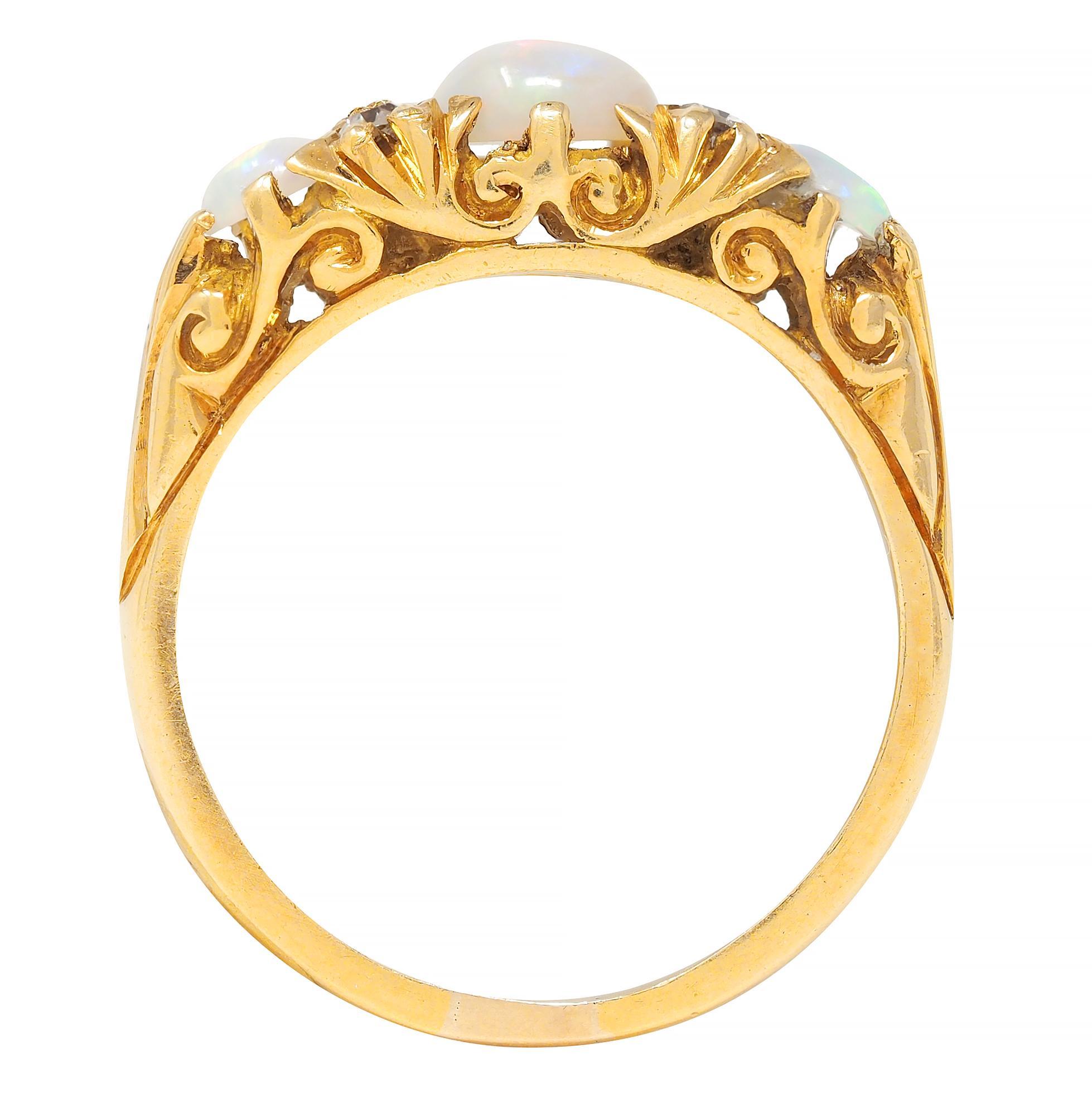 Art Nouveau Opal Diamond 18 Karat Yellow Gold Antique Scroll Band Ring 5