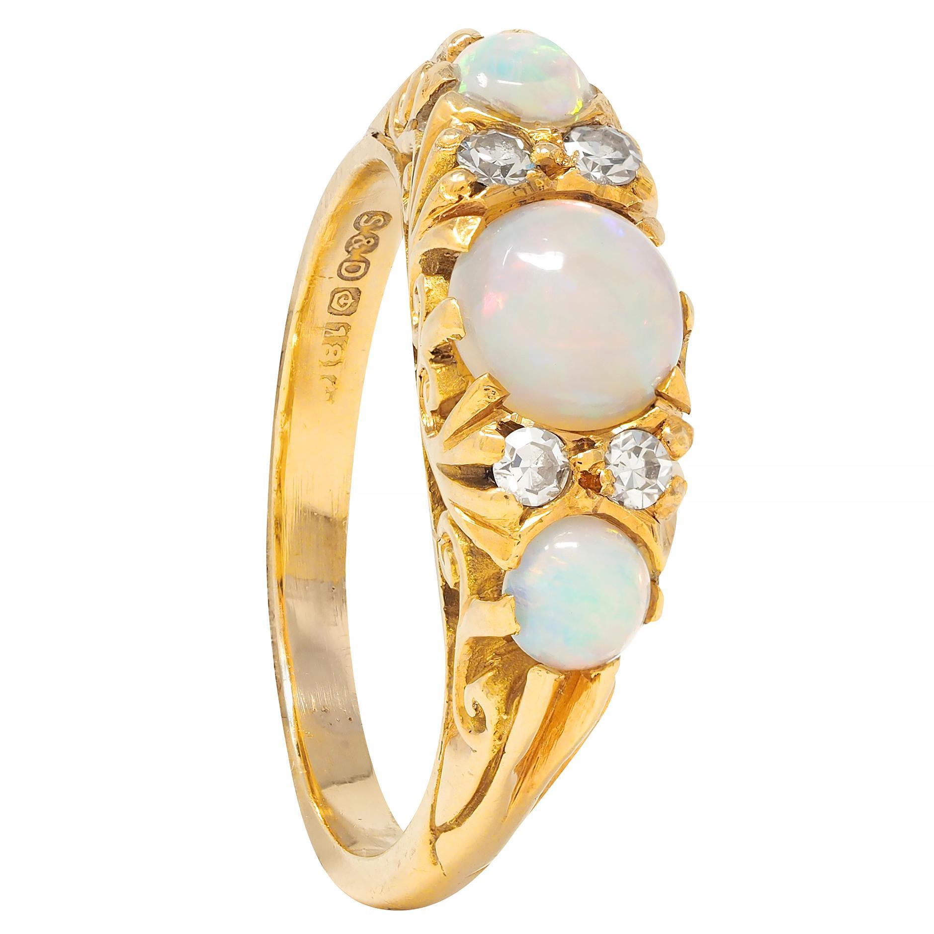Art Nouveau Opal Diamond 18 Karat Yellow Gold Antique Scroll Band Ring 6