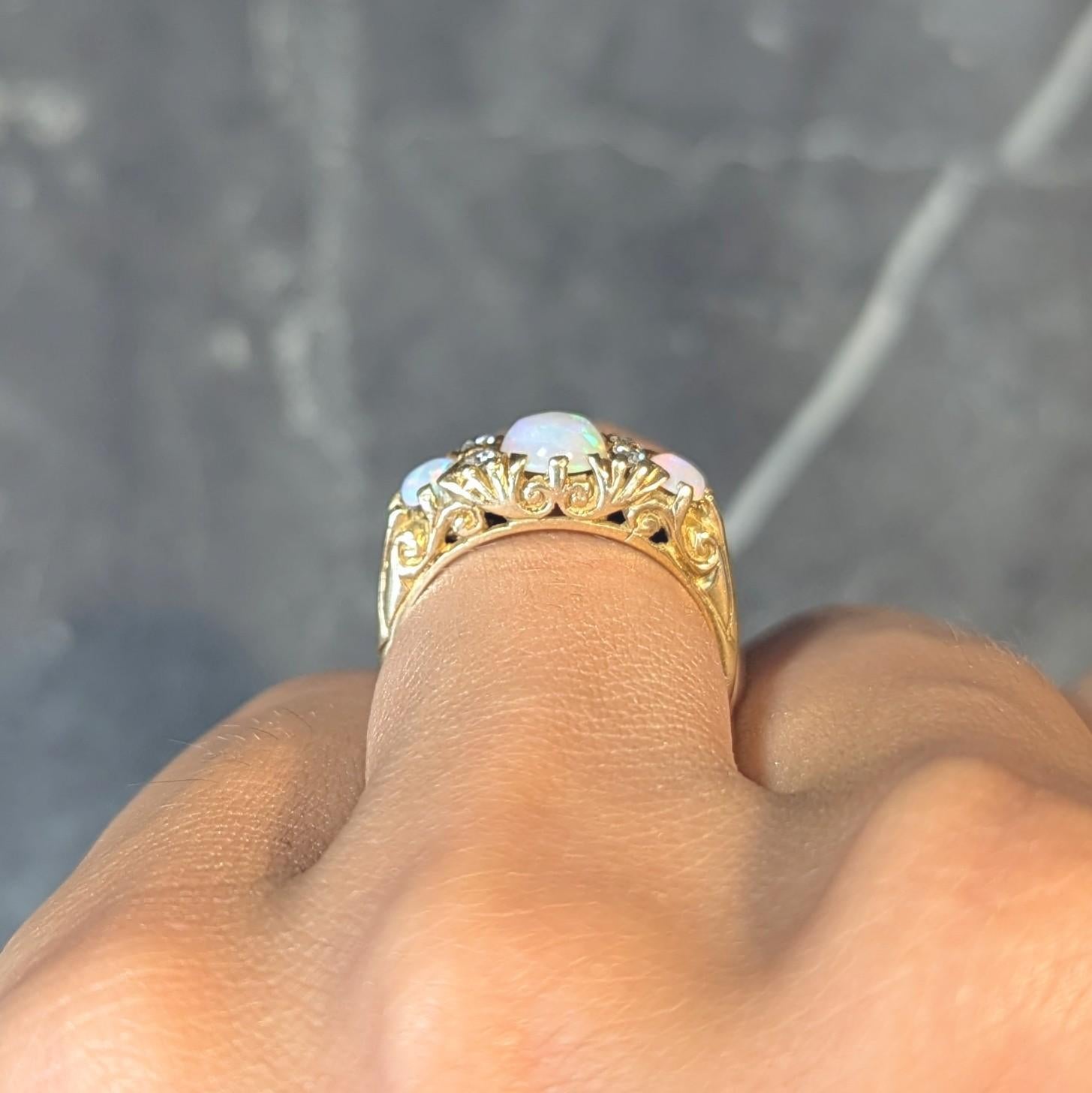Art Nouveau Opal Diamond 18 Karat Yellow Gold Antique Scroll Band Ring 9