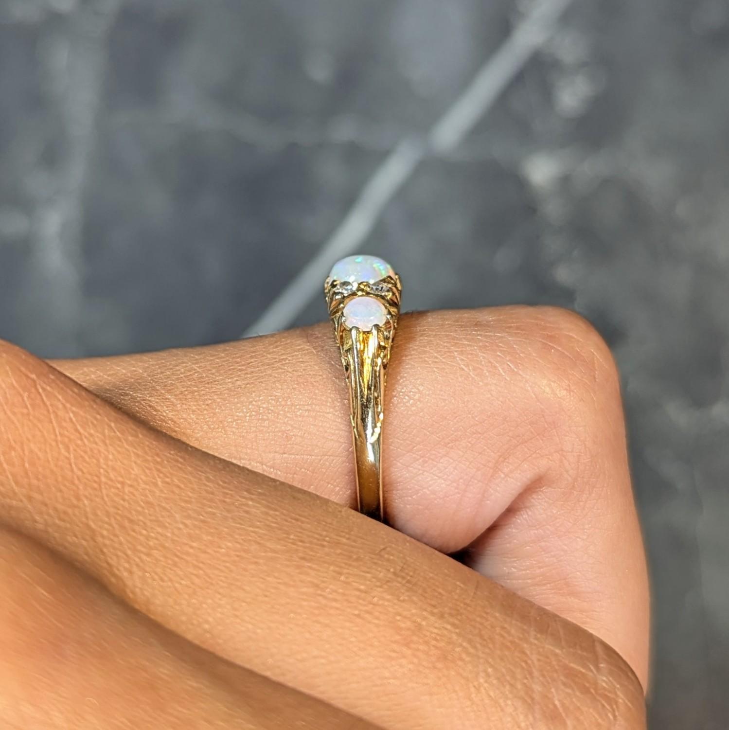Art Nouveau Opal Diamond 18 Karat Yellow Gold Antique Scroll Band Ring 10