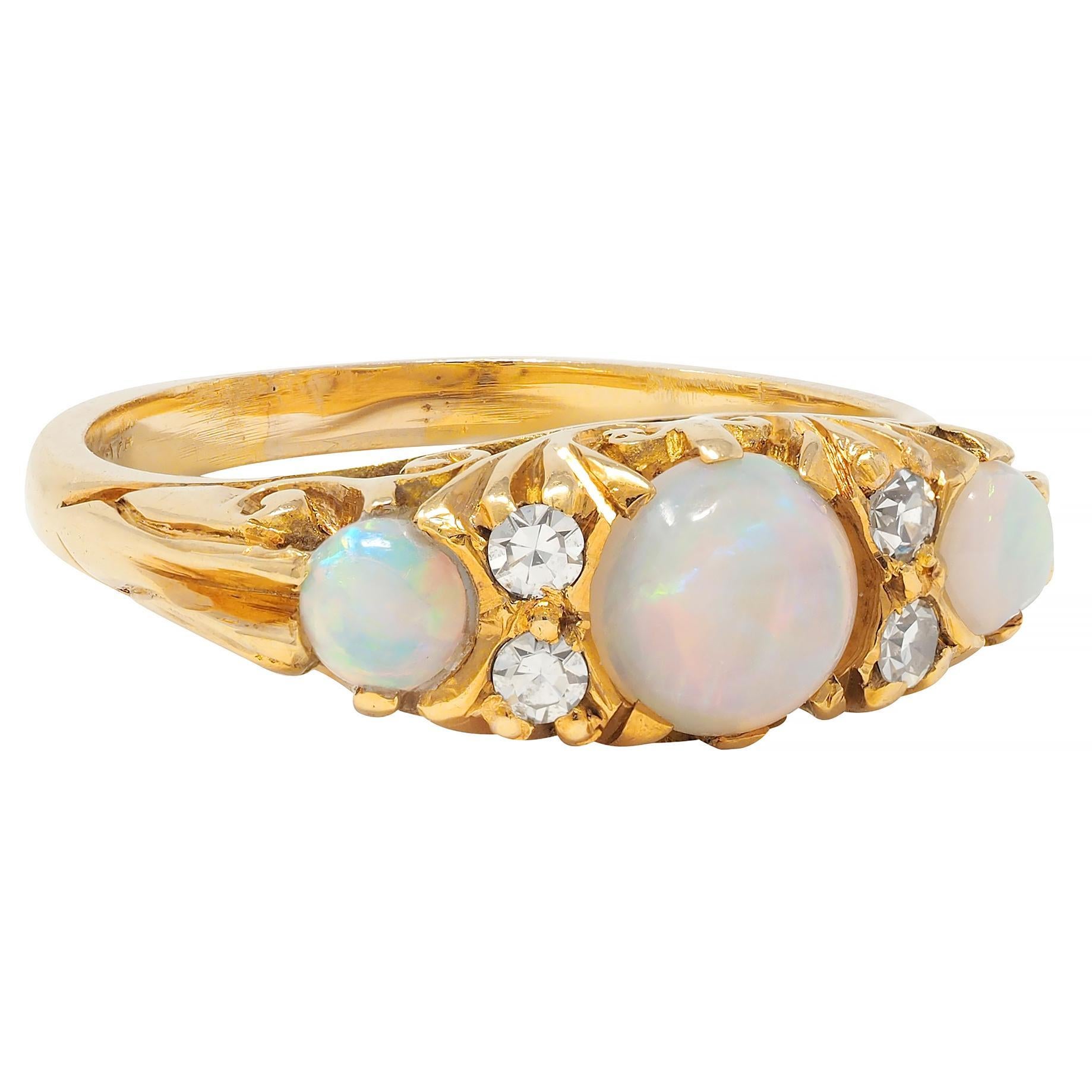 Cabochon Art Nouveau Opal Diamond 18 Karat Yellow Gold Antique Scroll Band Ring