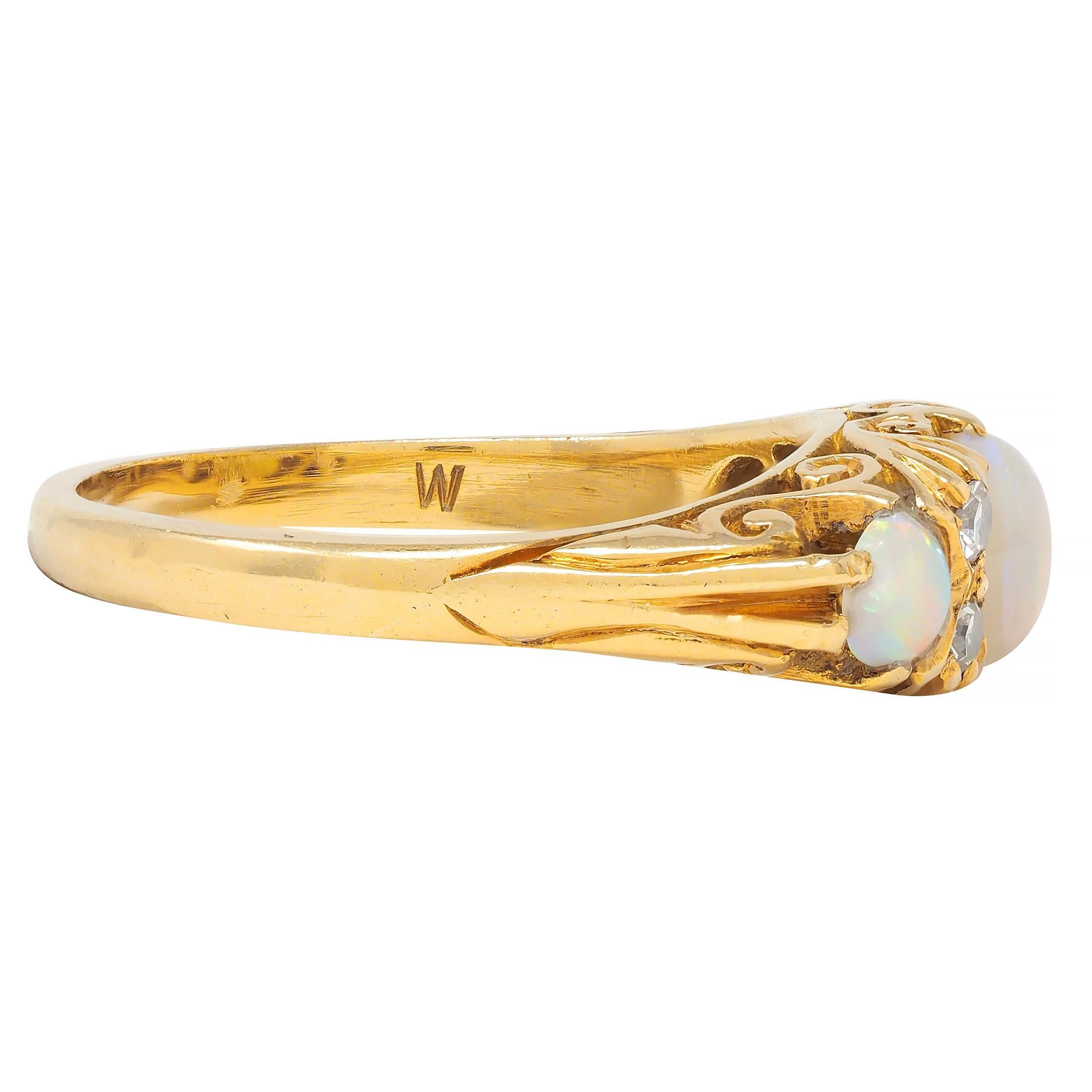 Art Nouveau Opal Diamond 18 Karat Yellow Gold Antique Scroll Band Ring In Excellent Condition In Philadelphia, PA