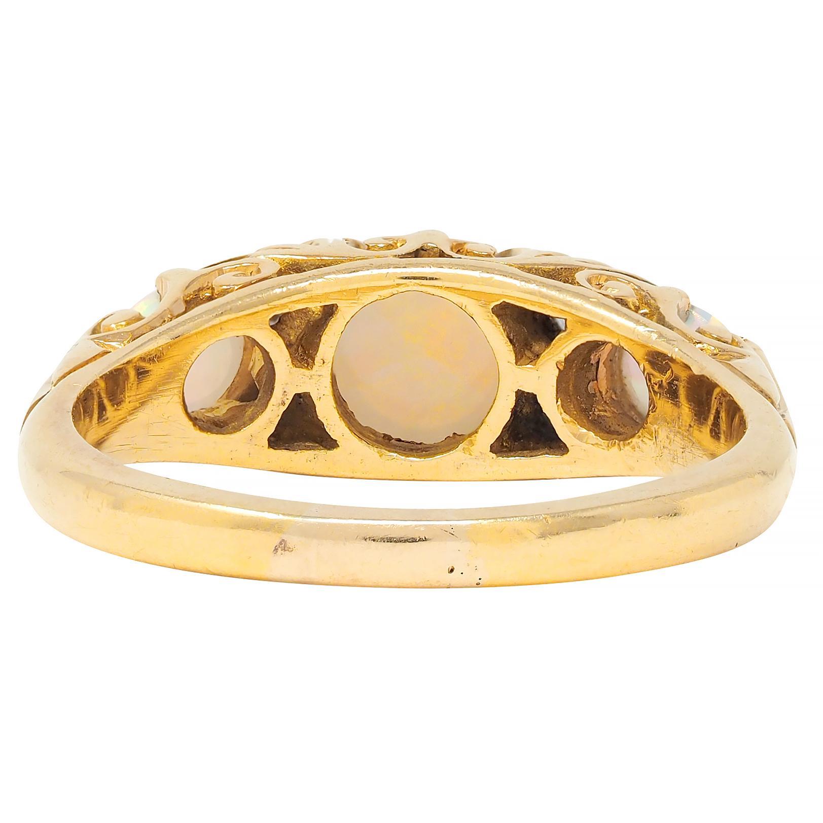 Women's Art Nouveau Opal Diamond 18 Karat Yellow Gold Antique Scroll Band Ring