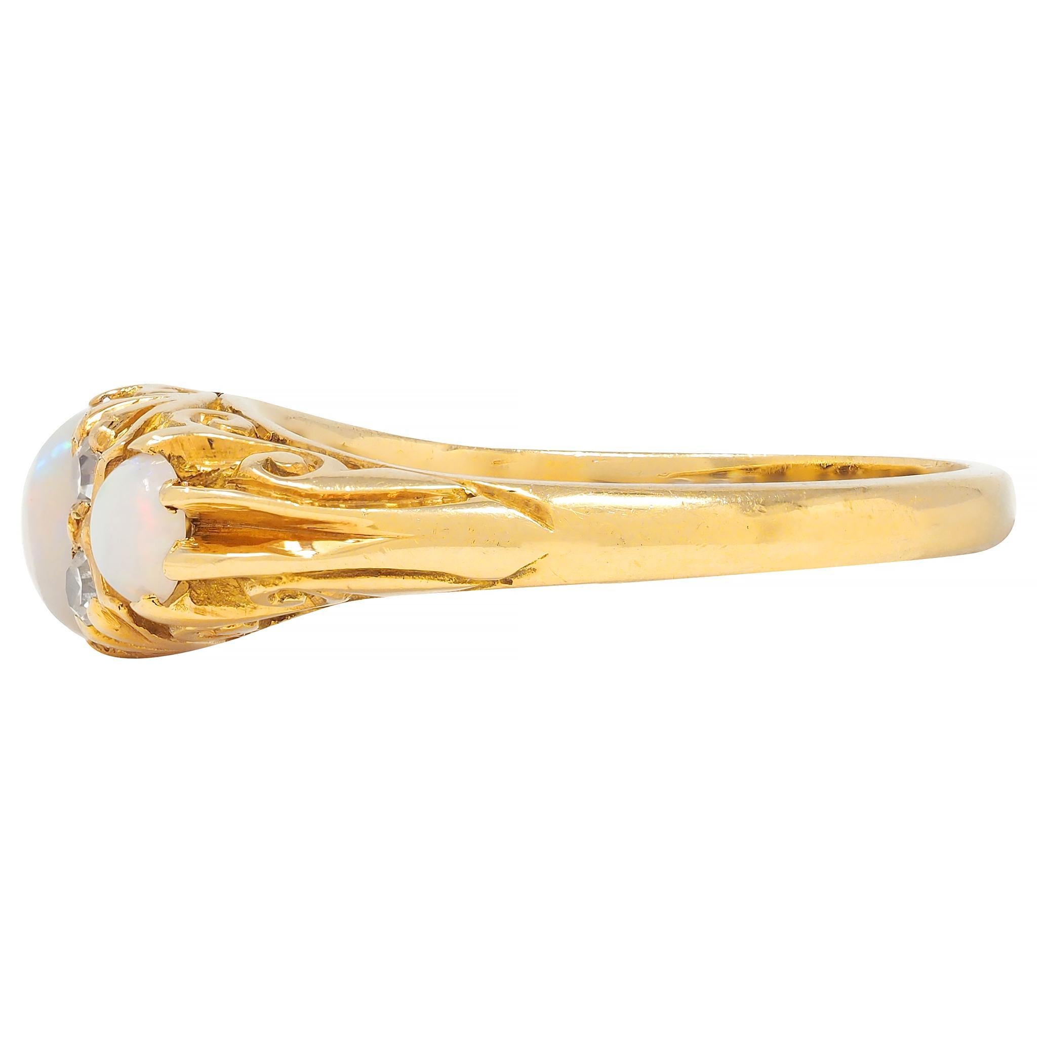 Art Nouveau Opal Diamond 18 Karat Yellow Gold Antique Scroll Band Ring 1