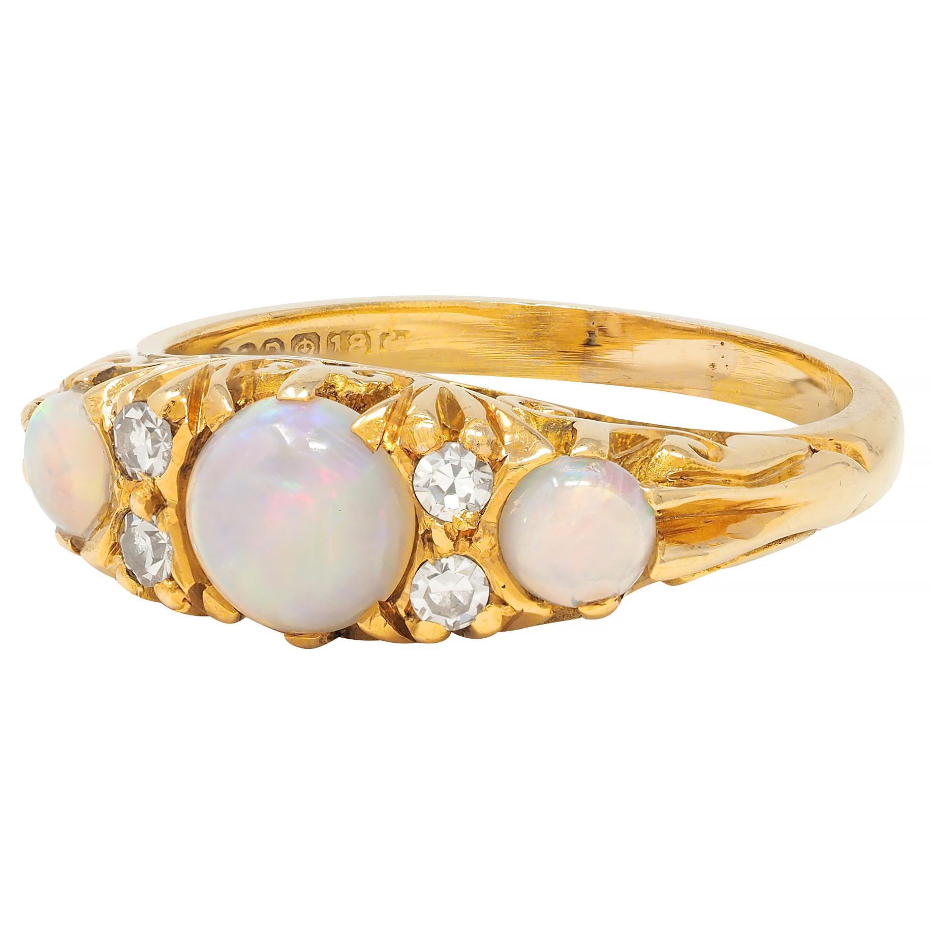 Art Nouveau Opal Diamond 18 Karat Yellow Gold Antique Scroll Band Ring 2