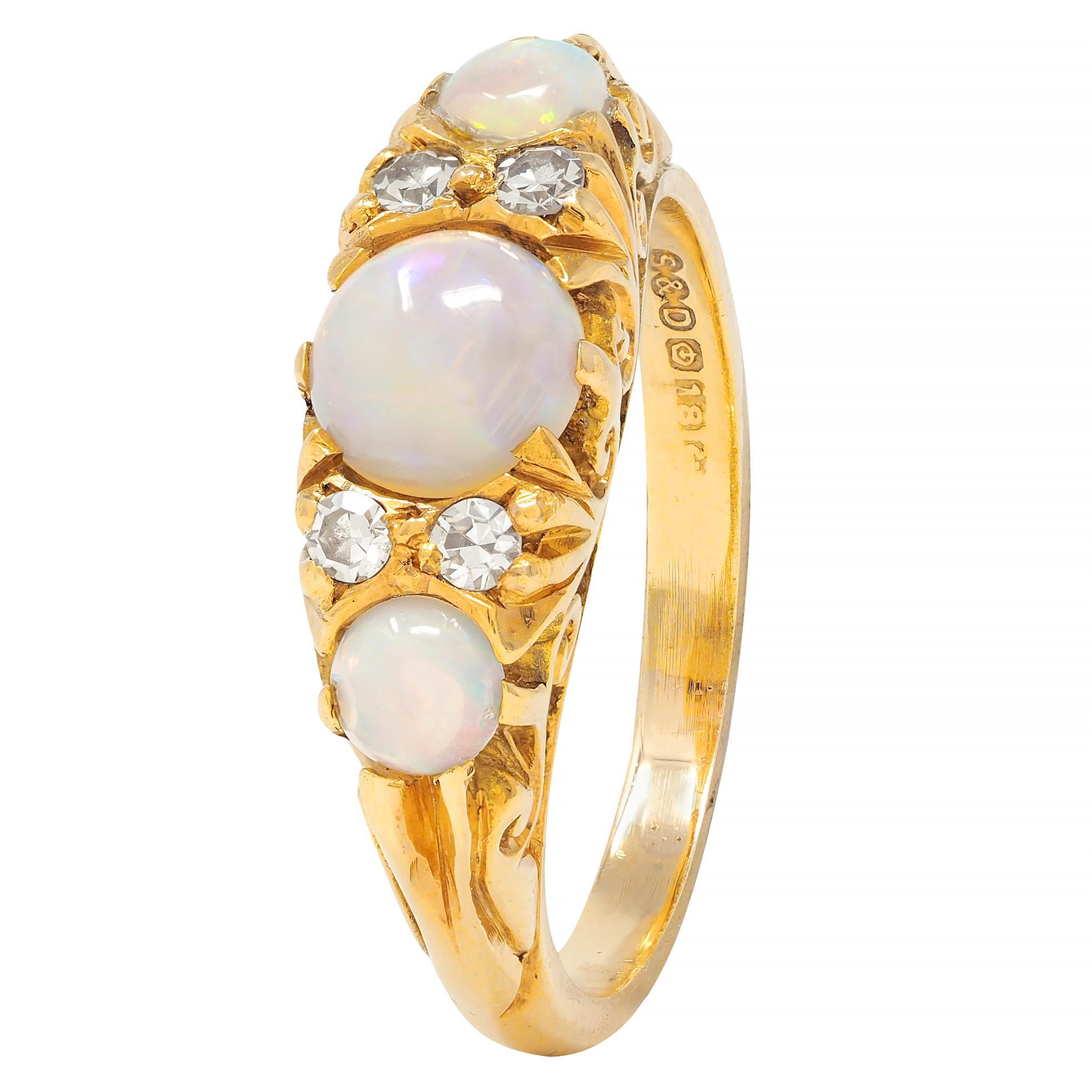 Art Nouveau Opal Diamond 18 Karat Yellow Gold Antique Scroll Band Ring 3