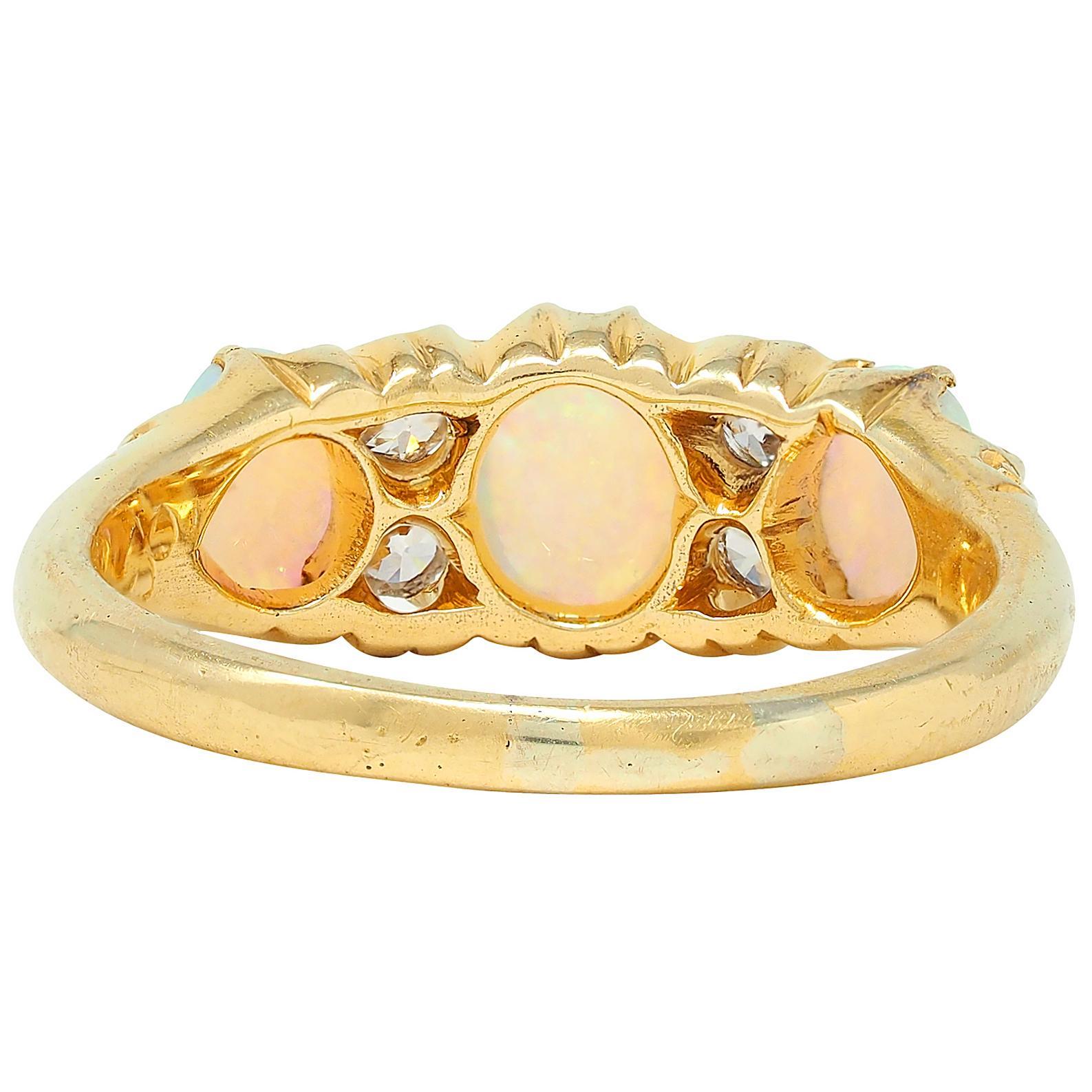 Art Nouveau Opal Diamond 18 Karat Yellow Gold Foliate Antique Band Ring In Excellent Condition For Sale In Philadelphia, PA