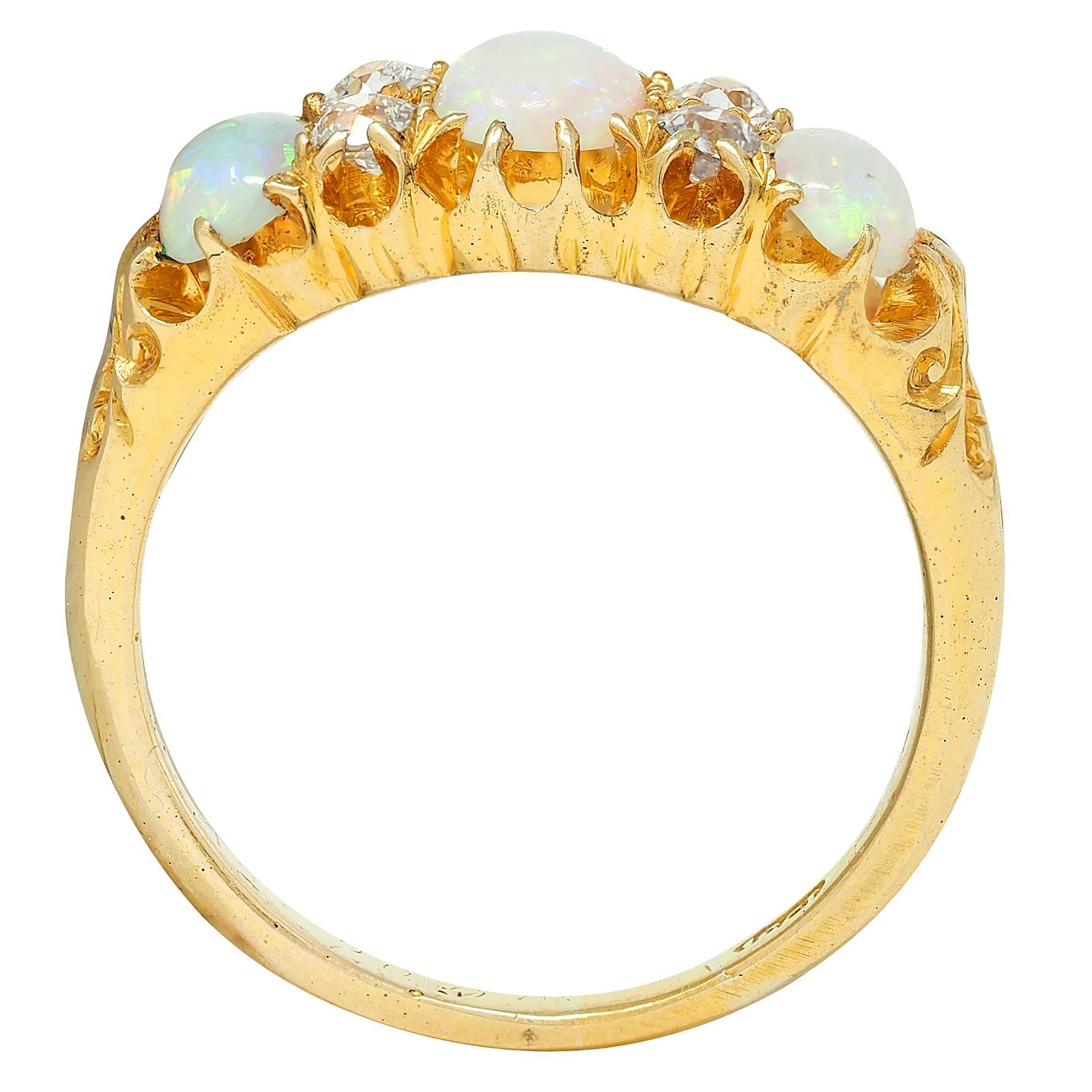 Art Nouveau Opal Diamond 18 Karat Yellow Gold Foliate Antique Band Ring For Sale 1