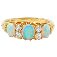 Art Nouveau Opal Diamond 18 Karat Yellow Gold Foliate Antique Band Ring