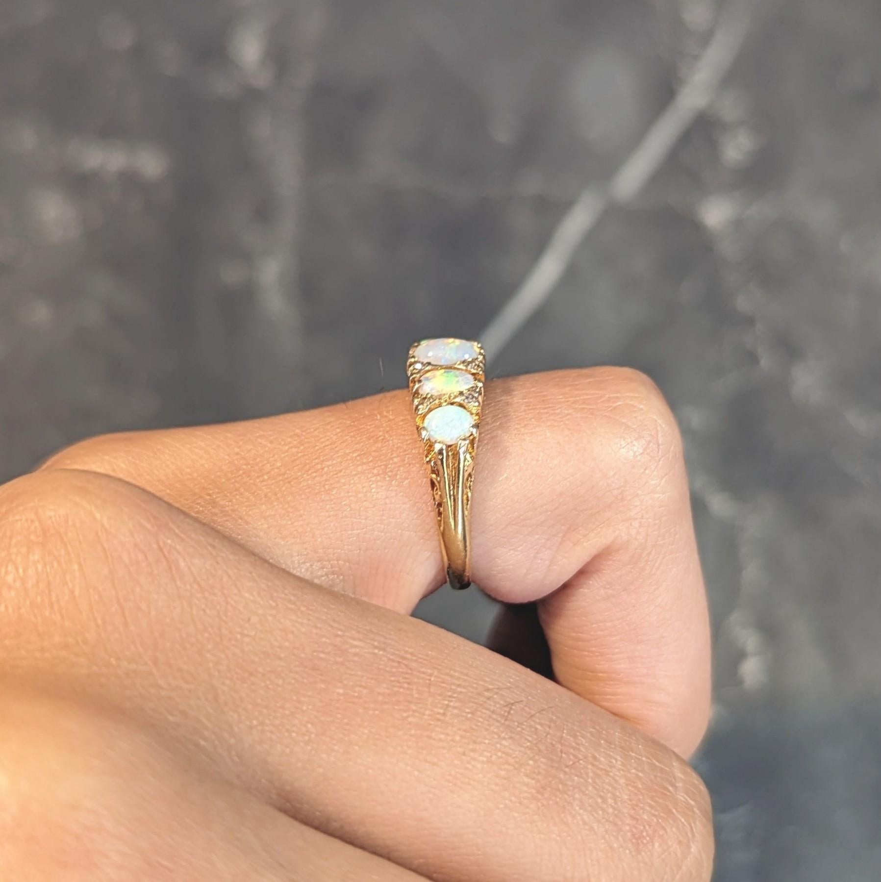 Art Nouveau Opal Diamond 18 Karat Yellow Gold Scrolling Antique Band Ring For Sale 8