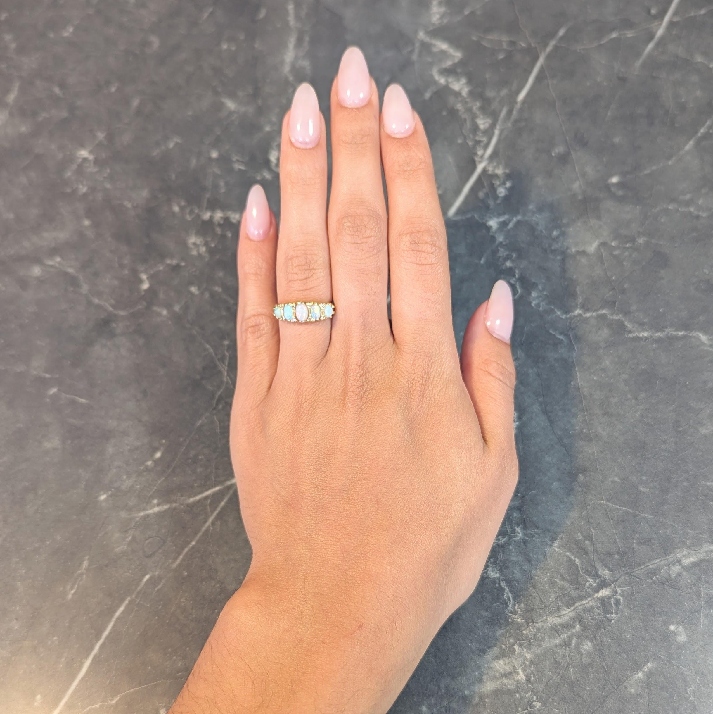 Cabochon Art Nouveau Opal Diamond 18 Karat Yellow Gold Scrolling Antique Band Ring For Sale