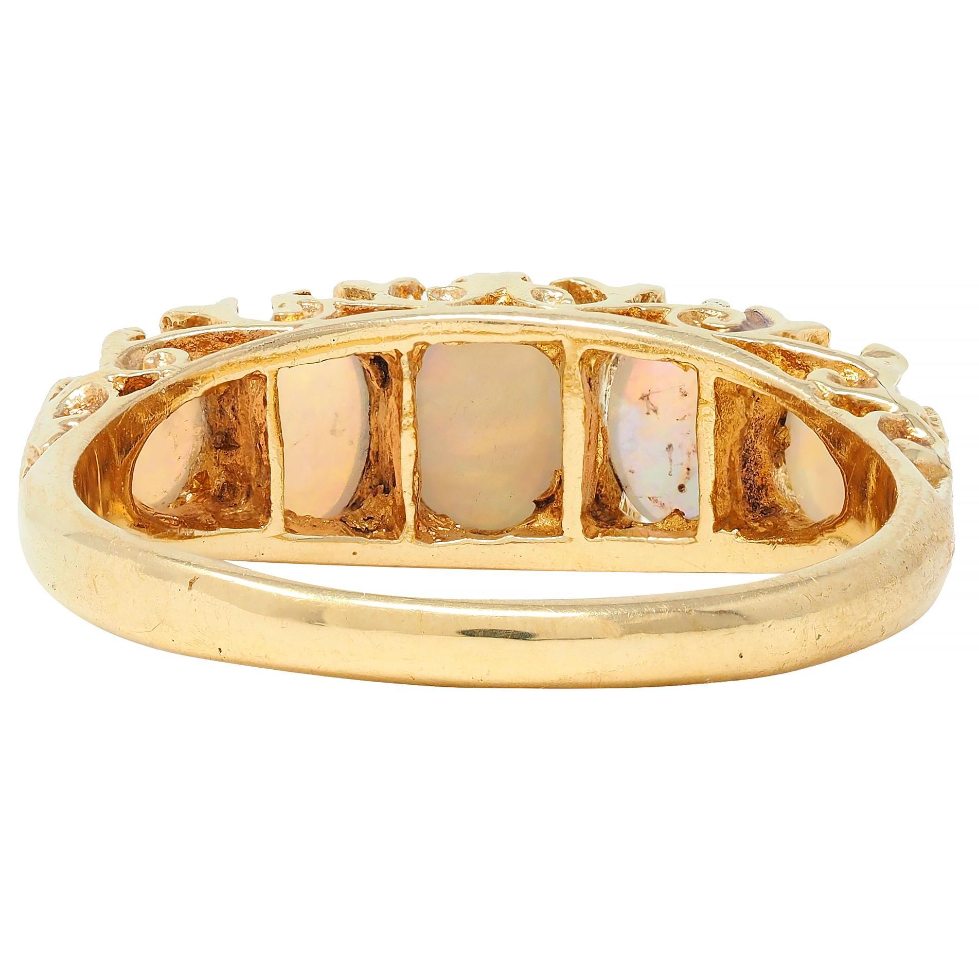 Women's Art Nouveau Opal Diamond 18 Karat Yellow Gold Scrolling Antique Band Ring For Sale