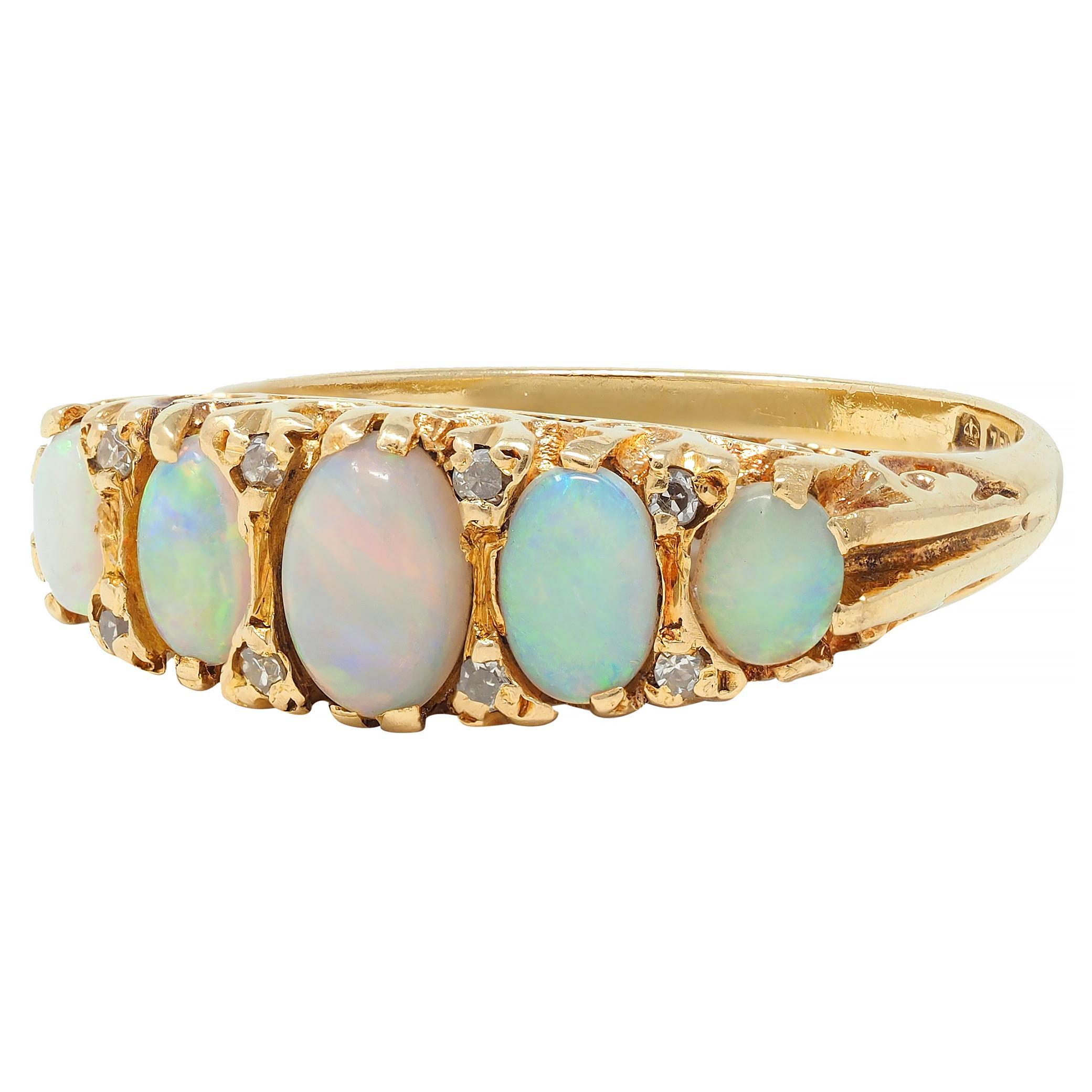 Art Nouveau Opal Diamond 18 Karat Yellow Gold Scrolling Antique Band Ring For Sale 1