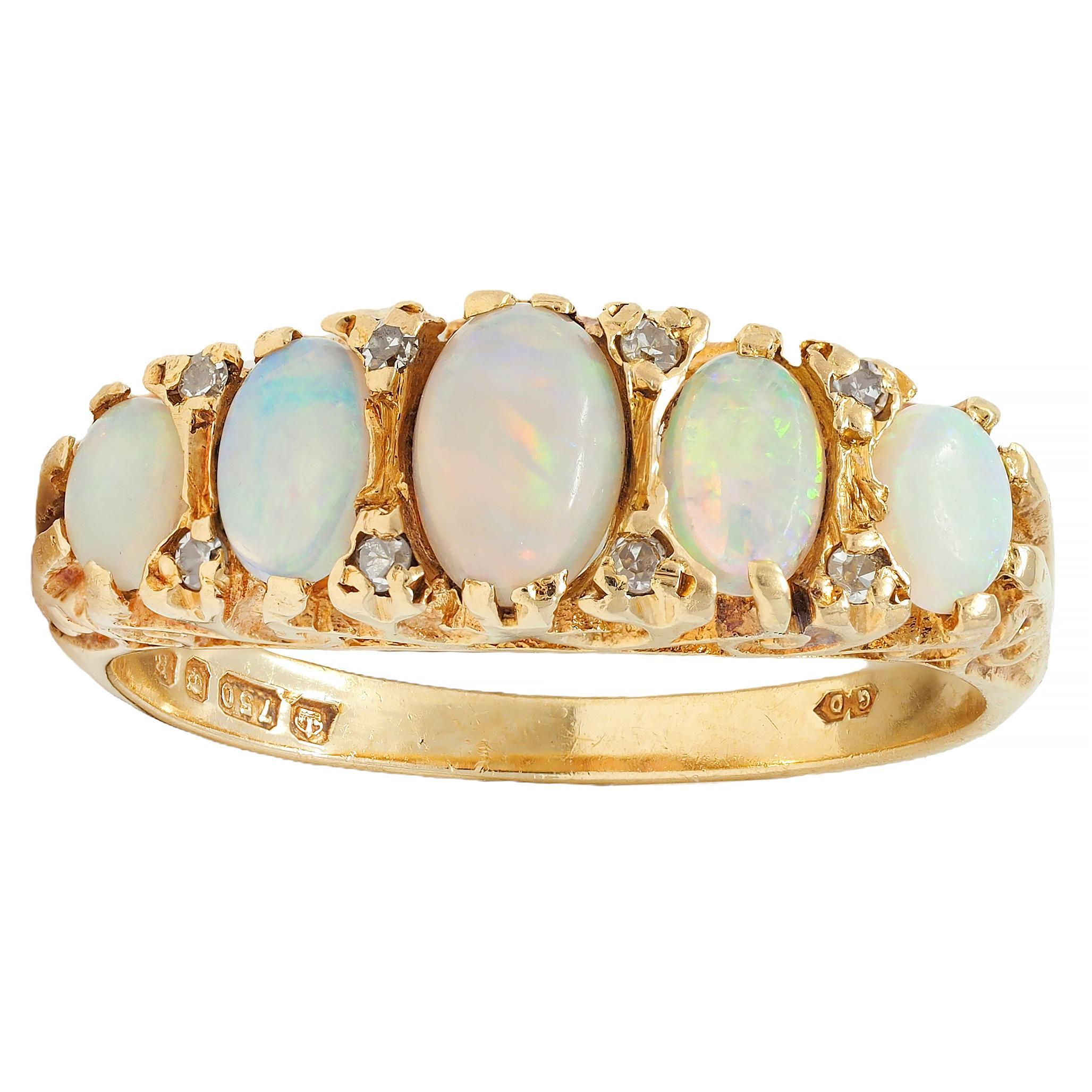 Art Nouveau Opal Diamond 18 Karat Yellow Gold Scrolling Antique Band Ring For Sale 4