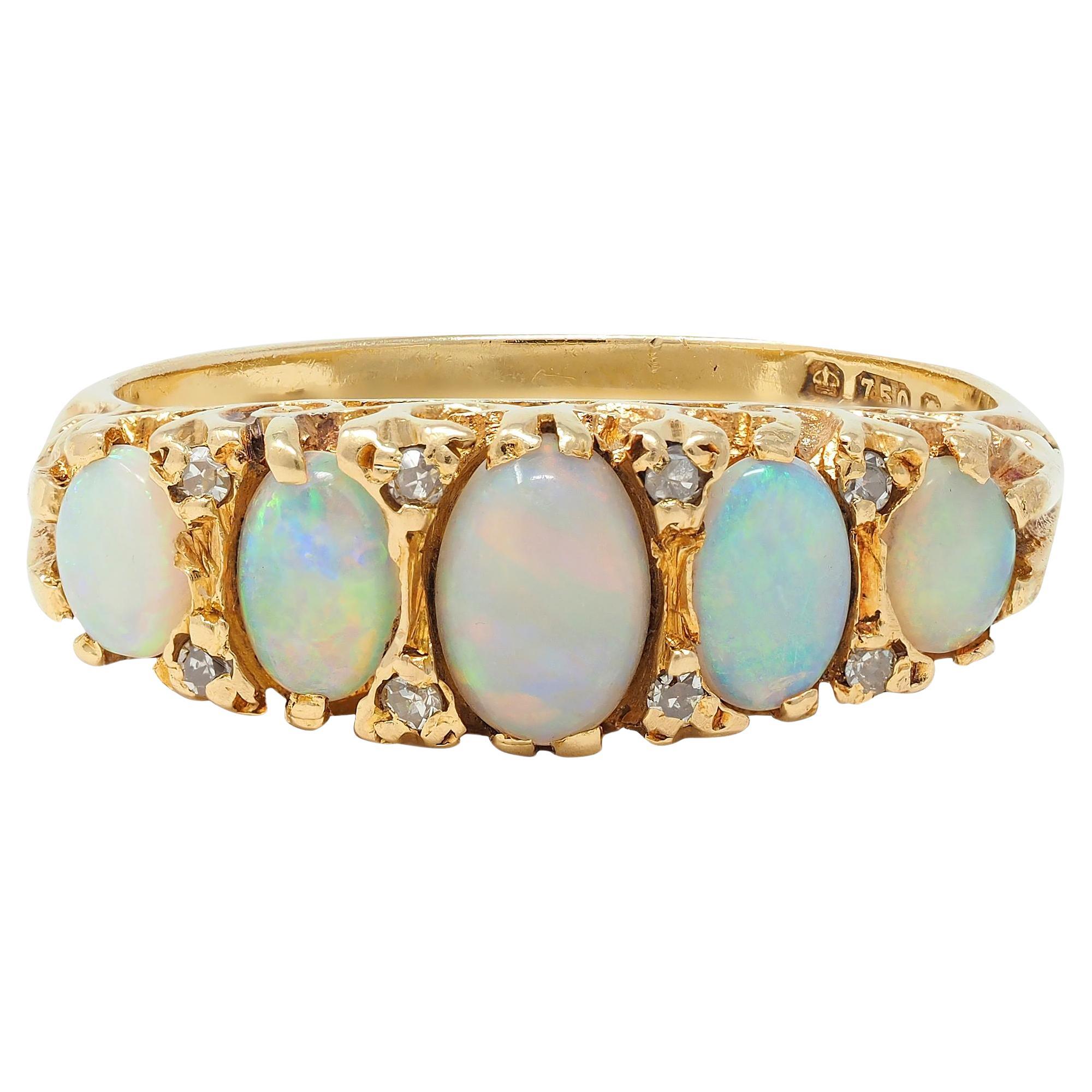 Art Nouveau Opal Diamond 18 Karat Yellow Gold Scrolling Antique Band Ring
