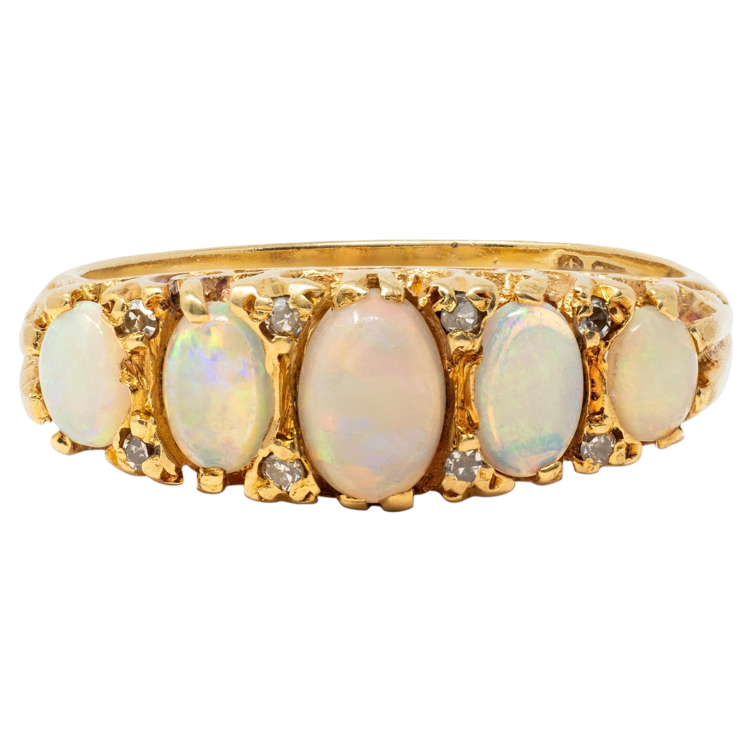 Art Nouveau Opal Diamond 18 Karat Yellow Gold Scrolling Antique Band Ring