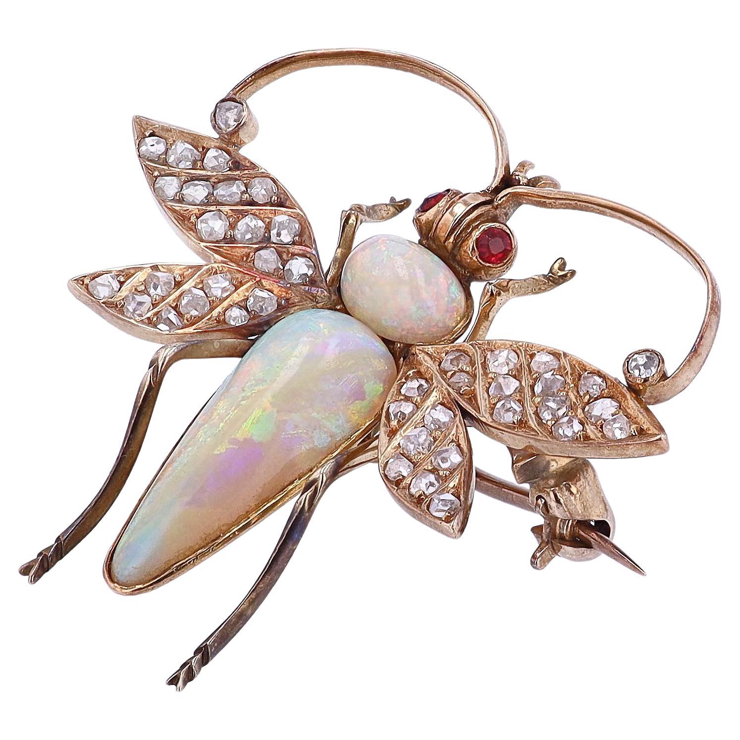 Cabochon Art Nouveau Opal & Diamond Bee Brooch