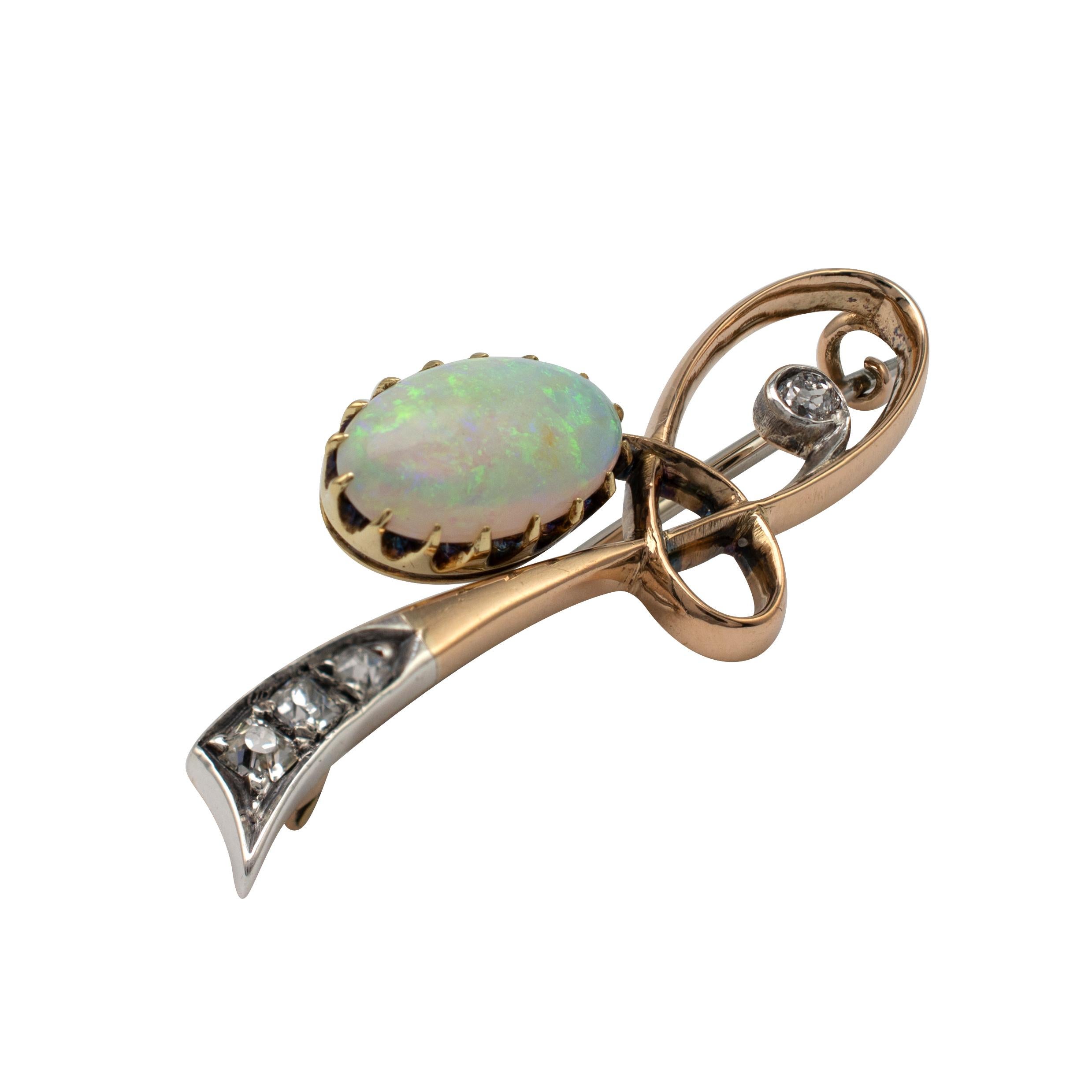 This exemplary Art Nouveau Opal and diamond fruit brooch is beautifully crafted in 9 karat rose gold and features the most impressive large natural opal. Circa 1890-1900

The brooch is beautiful in shape with graduated gold loop leading to a