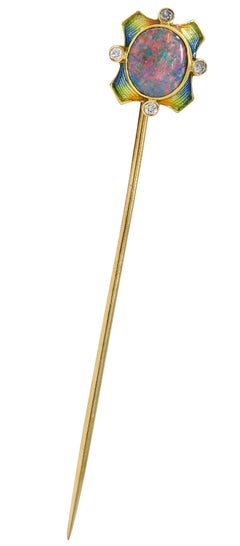 Art Nouveau Opal Diamond Enamel 14 Karat Yellow Gold Antique Stickpin