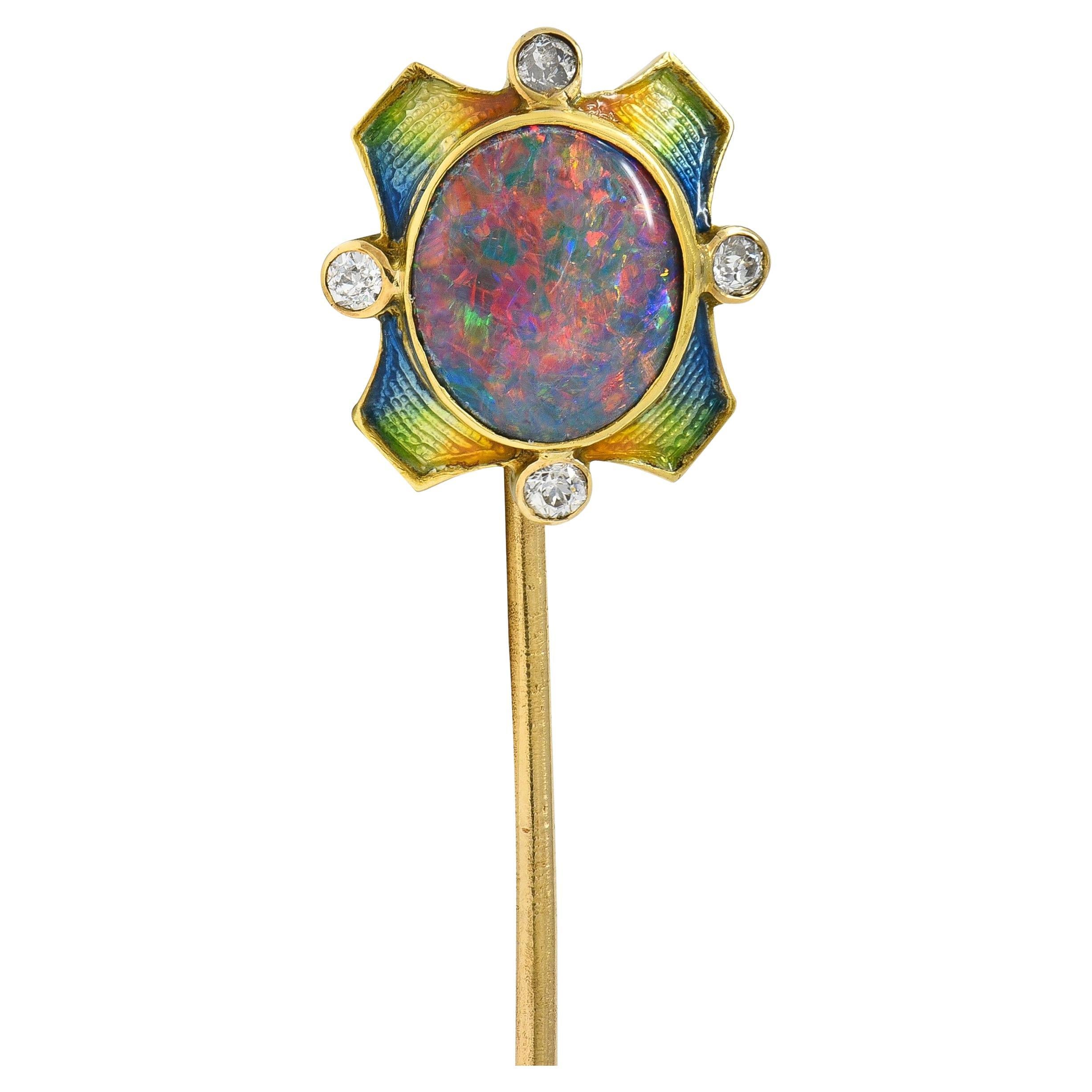 Art Nouveau Opal Diamond Enamel 14 Karat Yellow Gold Antique Stickpin