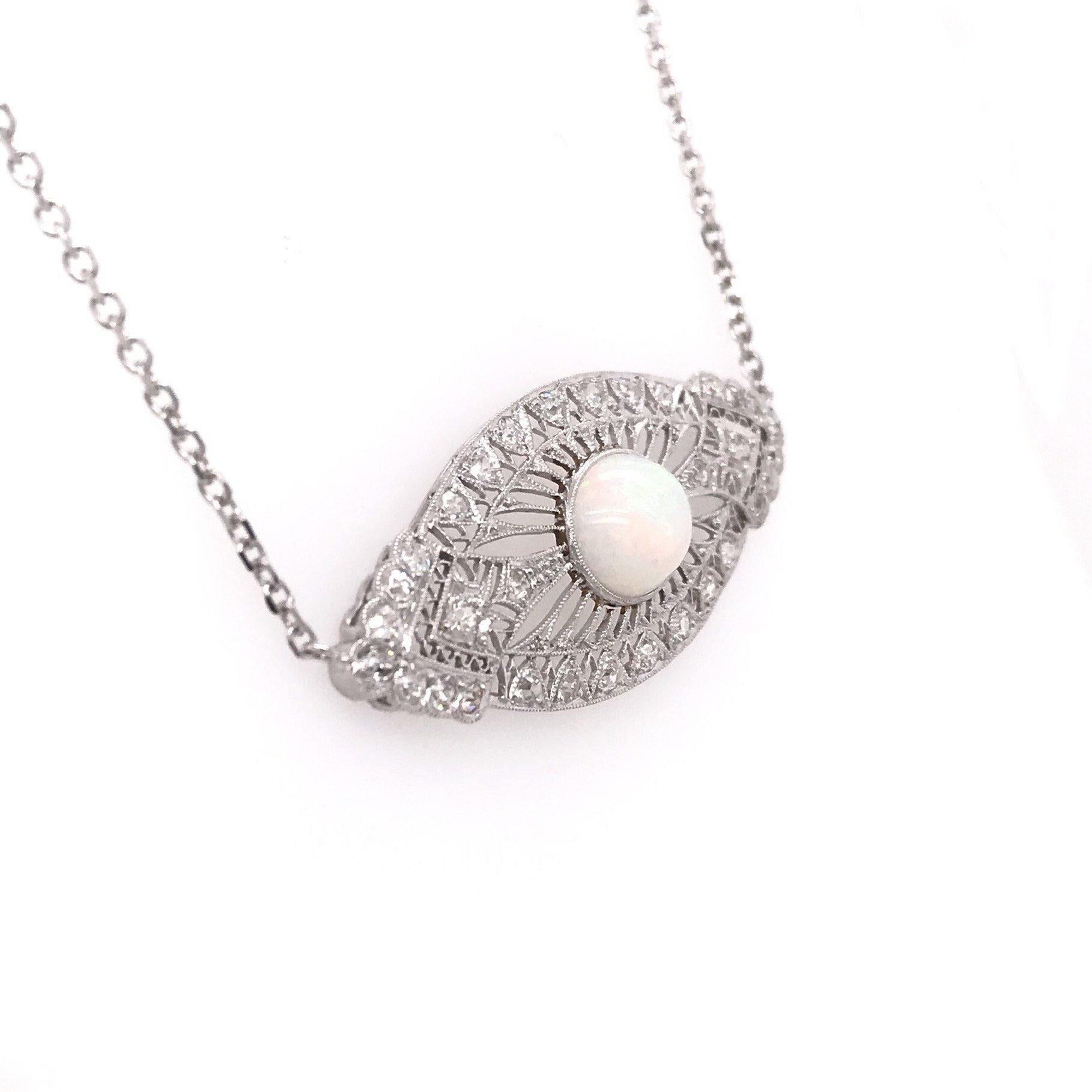Round Cut Art Nouveau Opal and Diamond Platinum Necklace