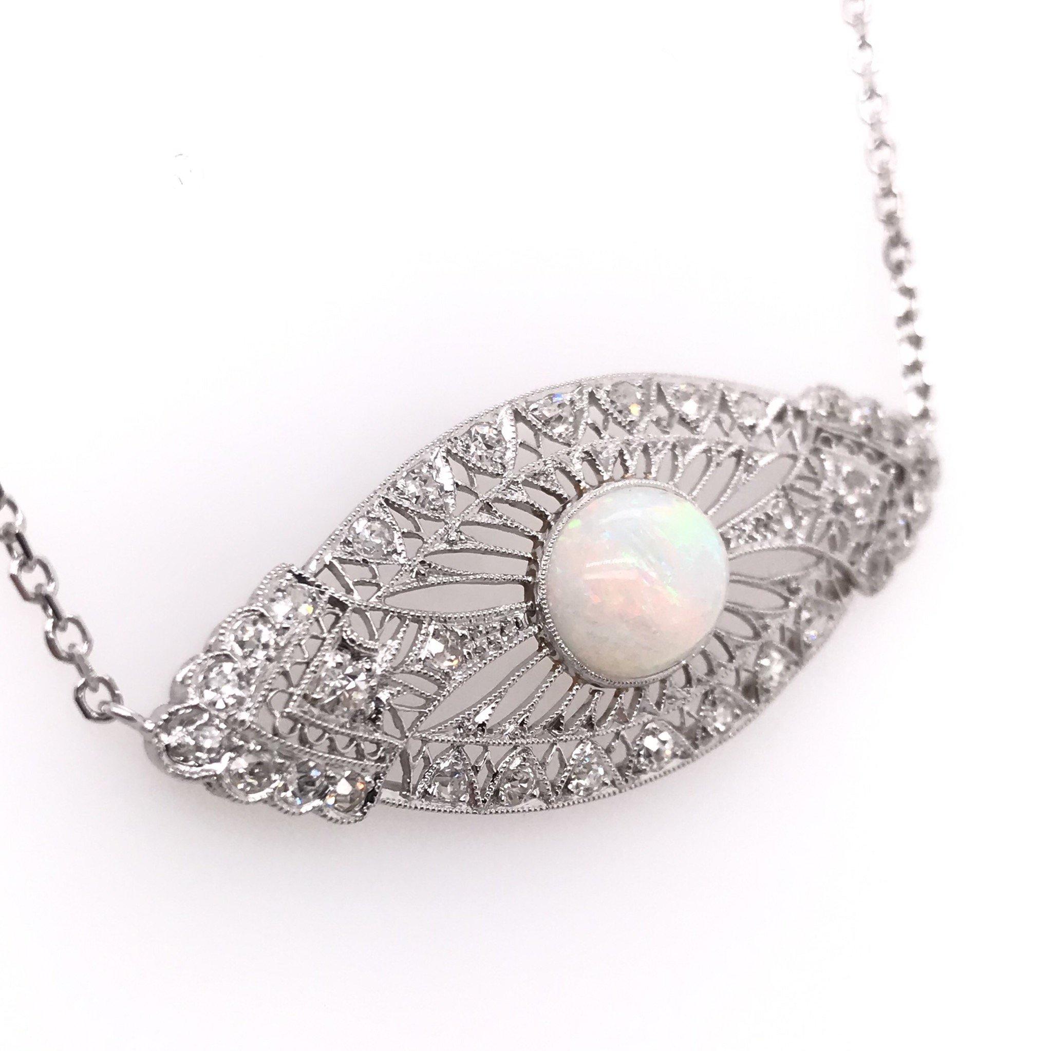 Women's Art Nouveau Opal and Diamond Platinum Necklace